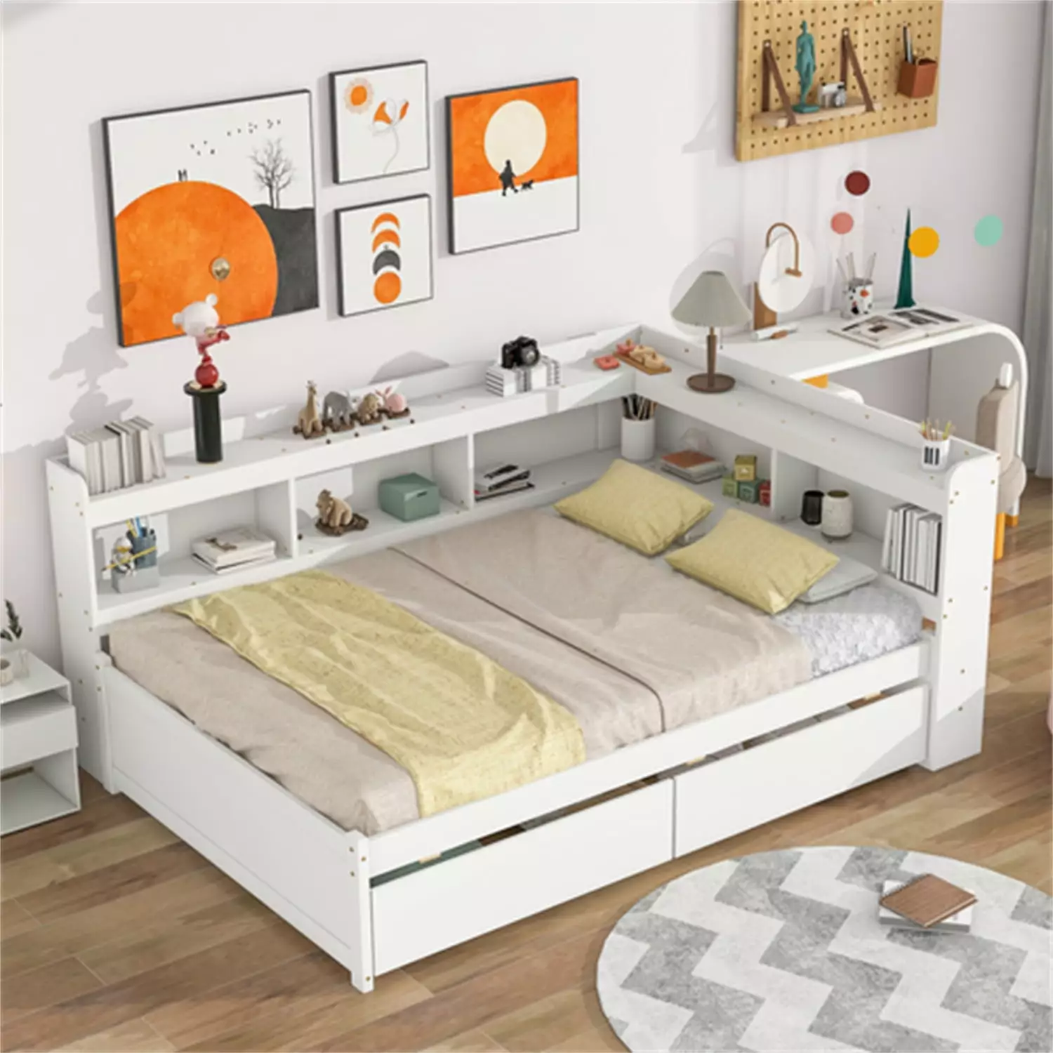 Full Size Platform Bed with L-Shaped Bookcases and 2 Storage Drawers. Solid Wood Platform Bed Frame with Headboard and Slats Support. Floor Bed for Kids. Space Saving. No Box Spring Needed. White