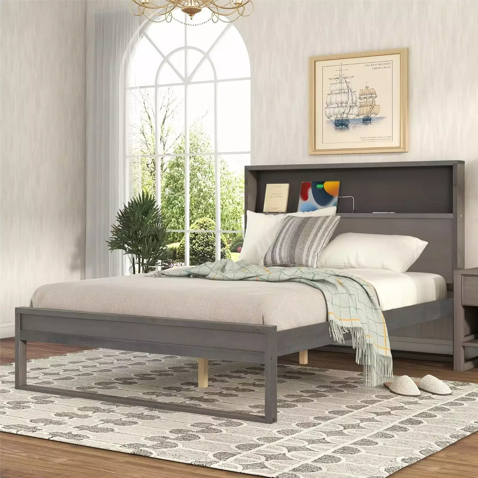 Full Size Platform Bed with Storage Headboard. Wood Storage Bed Frame with Sockets and USB Ports for Kids Adults Bedroom. No Box Spring Required. Gray