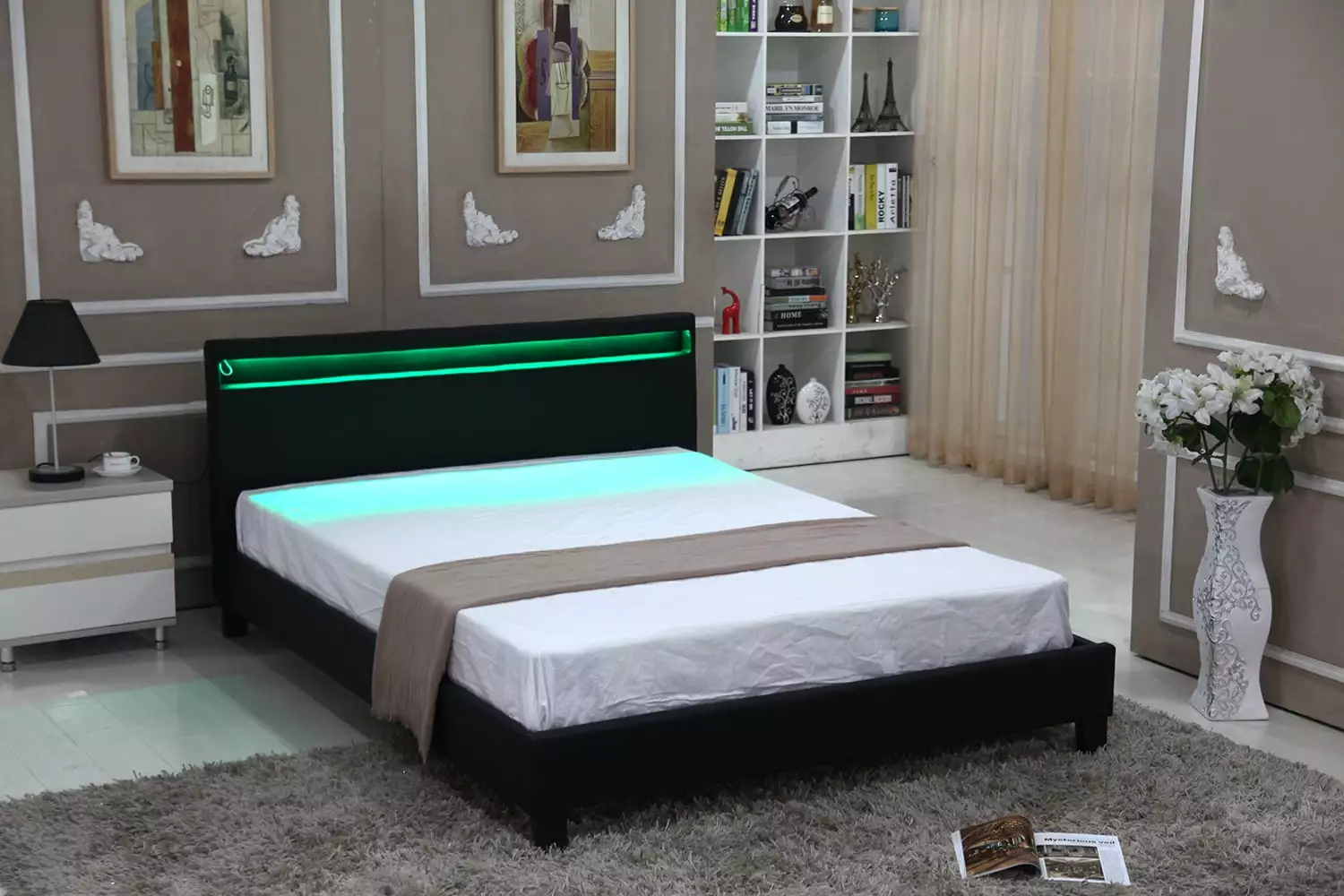 Full Size Platform Bed Upholstered Bed Frame Bedroom LED Light Headboard with Color Changing LED Light Slats Bed Black