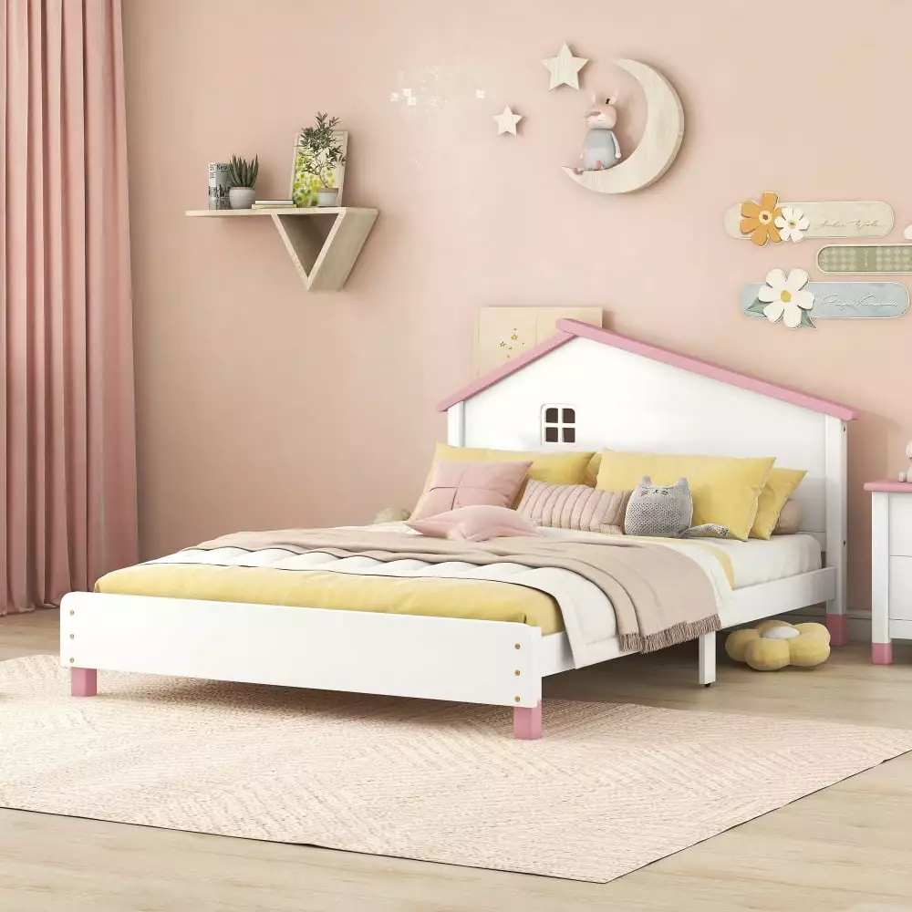 Full Size Platform Bed. Wood Platform Bed Frame with House-shaped Headboard for Kids Teens Adults. Solid Wood Twin Bed Frame with Slats Support for Bedroom Dorm. No Box Spring Needed. White+Pink