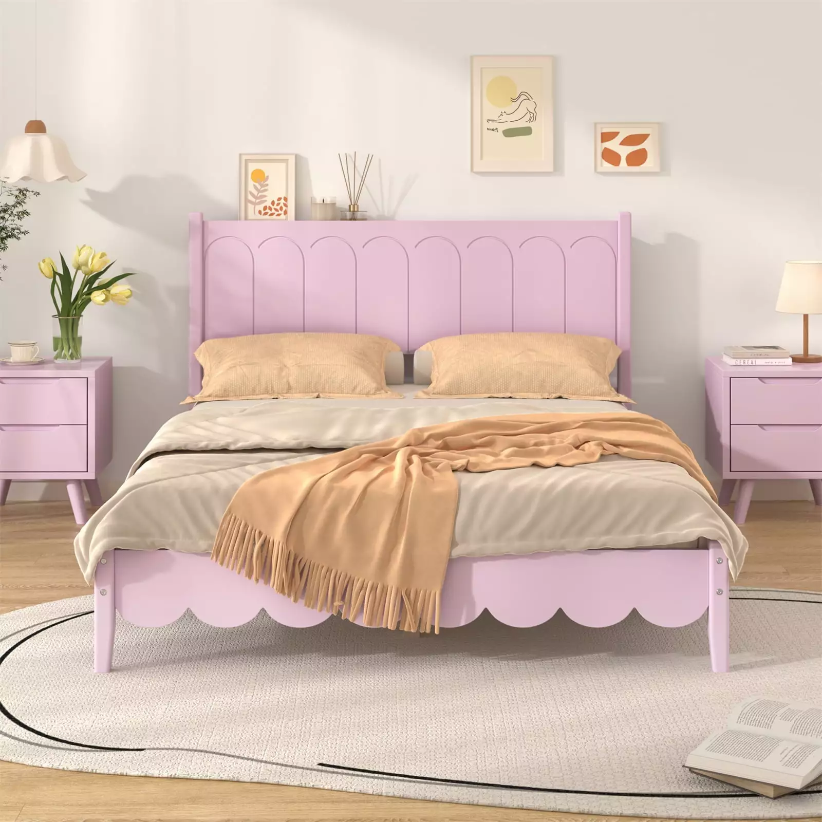 Full Size Wood Platform Bed Frame. Retro Style Bed with Rectangular Headboard and Arc-Shaped Footboard. Elegant & Exquisite Platform Bed with Under Bed Storage. No Need Box Spring. White/Pink