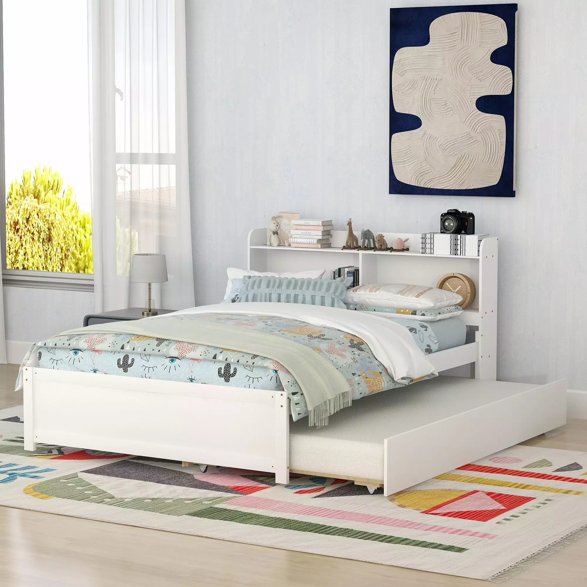 Full Trundle Bed with Bookcase Headboard. Wood Full Size Platform Bed Frame for Kids Teens Boys Girls. No Box Spring Needed (White)