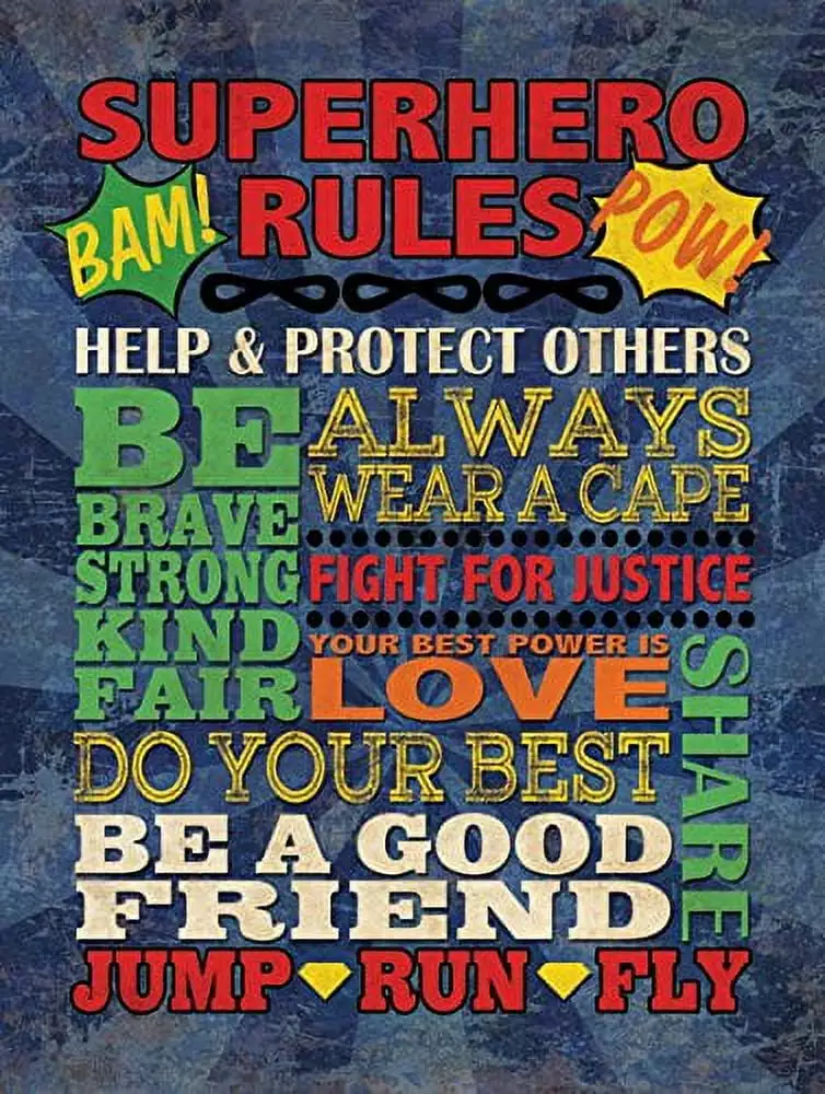 Fun Colorful Popular Superhero Rules Poster Print; Great for a Childs Room or Nursery; One 12x16in Poster Print. Blue/Red/Yellow/Green