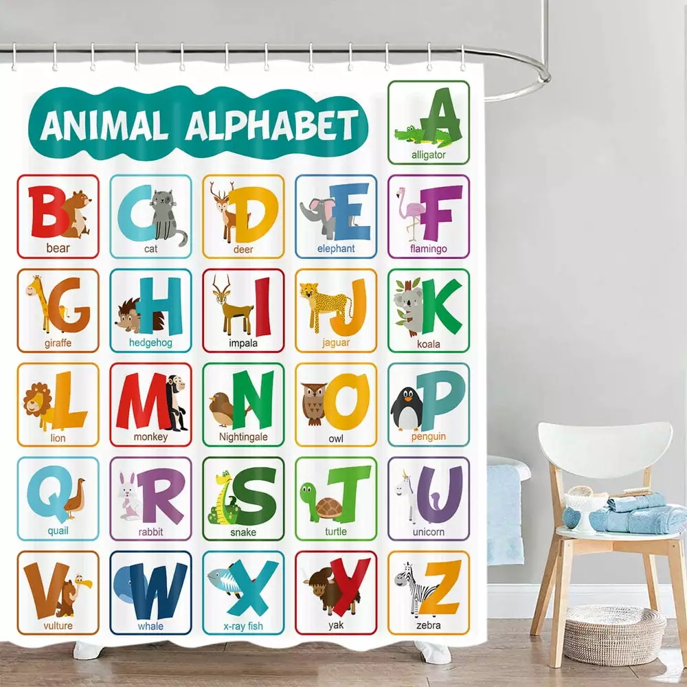 Funny ABC Alphabet Shower Curtain Kids Learning Educational Tool. Cute Cartoon Animals Pattern Words Girls Boys Colorful Bathroom Accessories Waterproof Fabric Bathtub Decor with Hooks. 72X72in