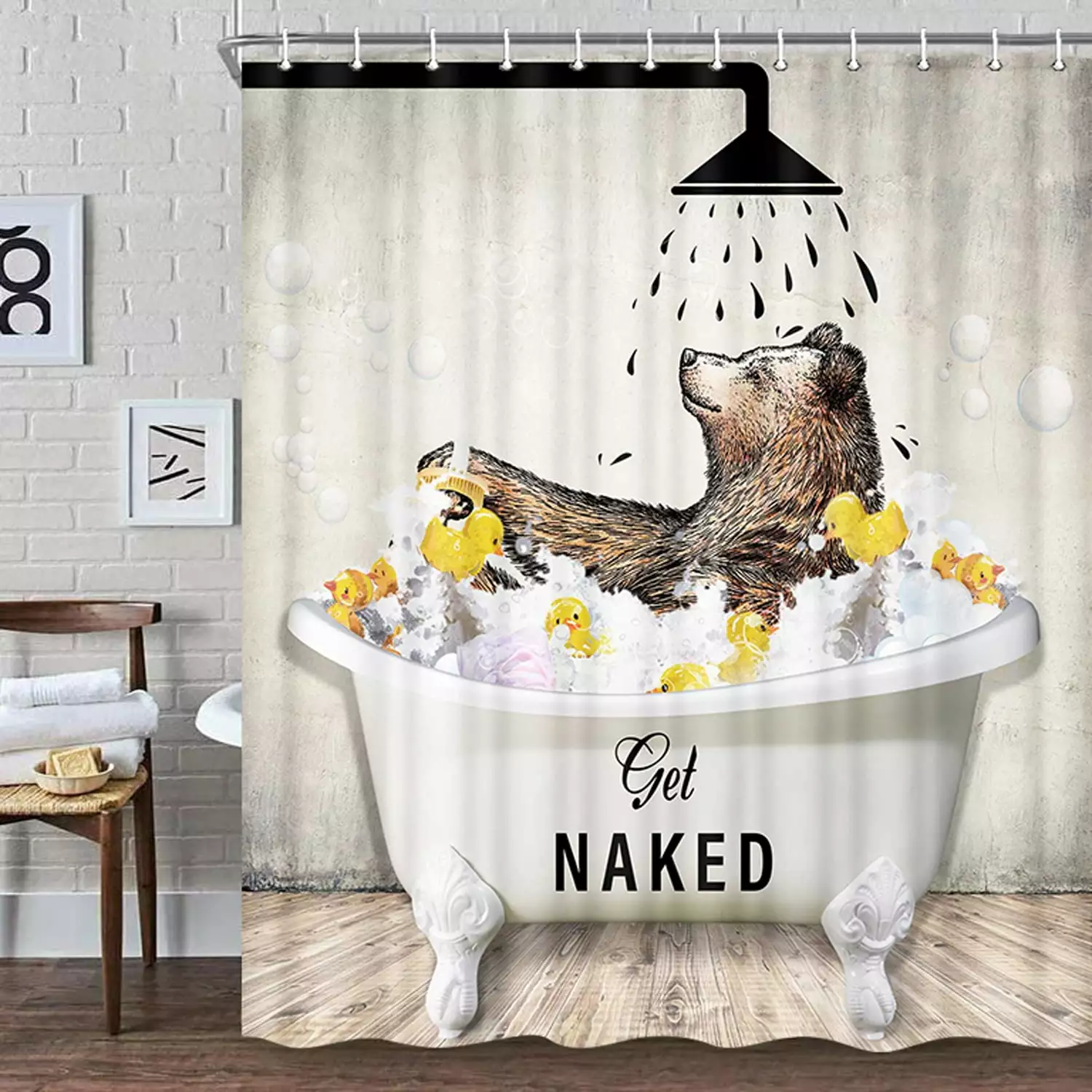 Funny Brown Bear Get Naked Shower Curtain. Fun Cute Wild Animal in Bathtub Shower Curtain Sets for Kids. RV Rustic Farmhouse Woodland Barn Cabin Shower Curtain for Bathroom Polyester Fabric 70X70in