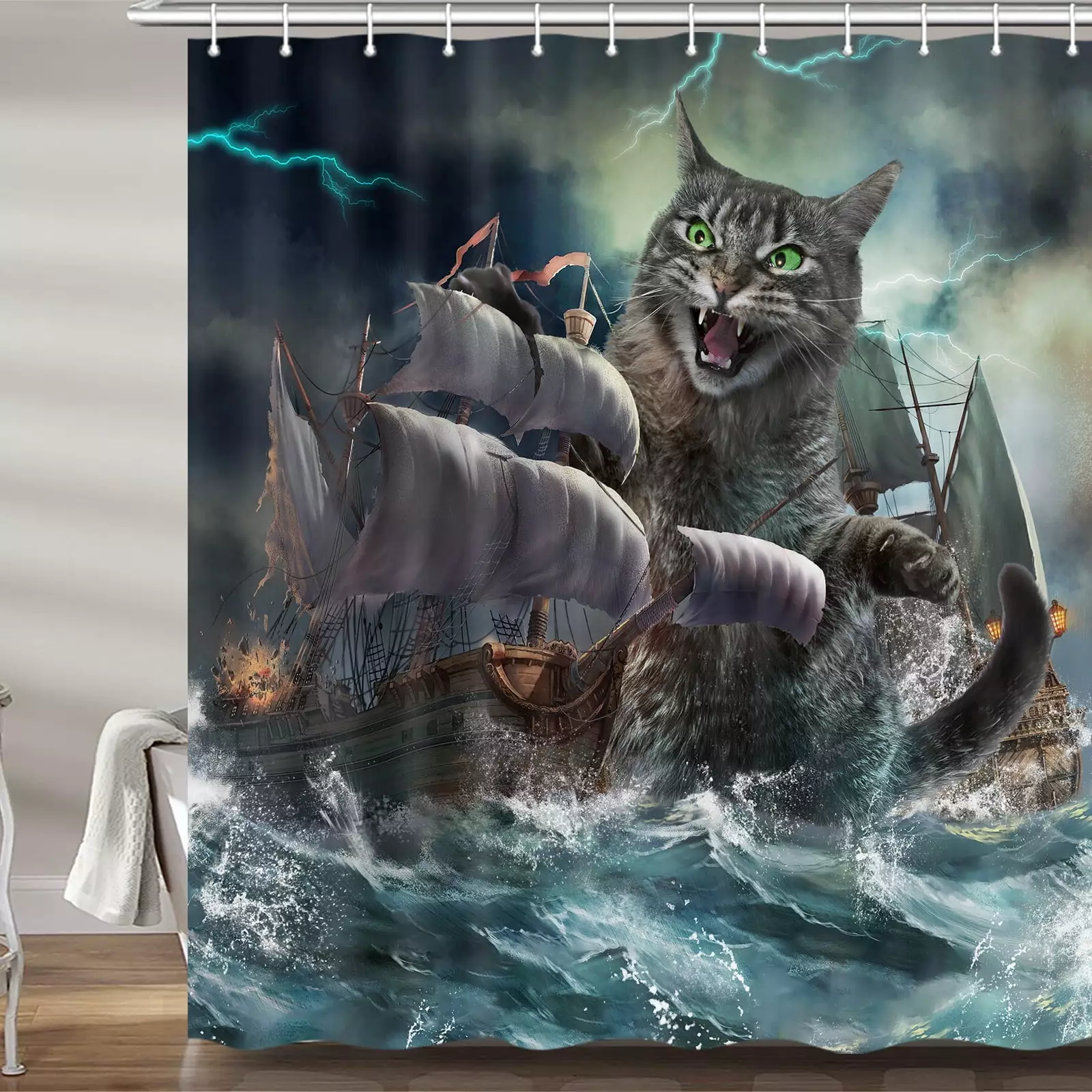 Funny Cat Kraken Shower Curtain. Fun Cool Sea Monster Fabric Shower Curtains Set for Kids Men Bathroom. Unique Funky Restroom Decor Accessories with Hooks 60X 70 inch