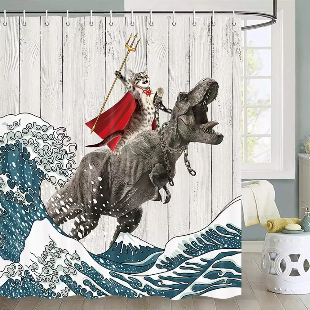 Funny Cat Shower Curtain. Cool Cat Dinosaur Japanese Ocean Wave Decor Fabric Bathroom Curtains. Kids Children Rustic Wooden Farmhouse Shower Curtain. 72X72 Inch