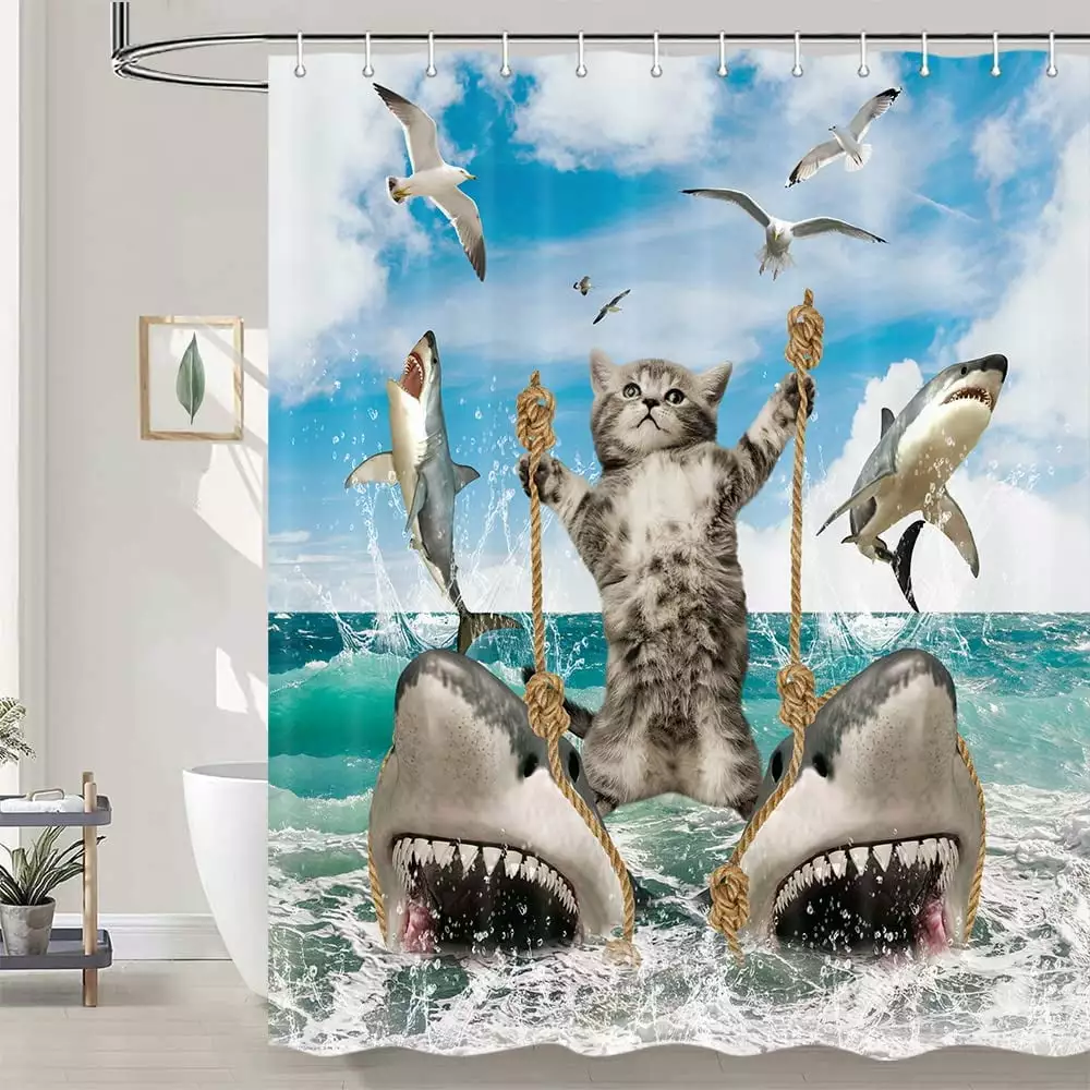 Funny Cat Shower Curtain. Fun Cat Riding Shark Shower Curtain Liner. Ocean Sea Blue Kids Waterproof Bathroom Curtain Set with Hooks 69x70inches