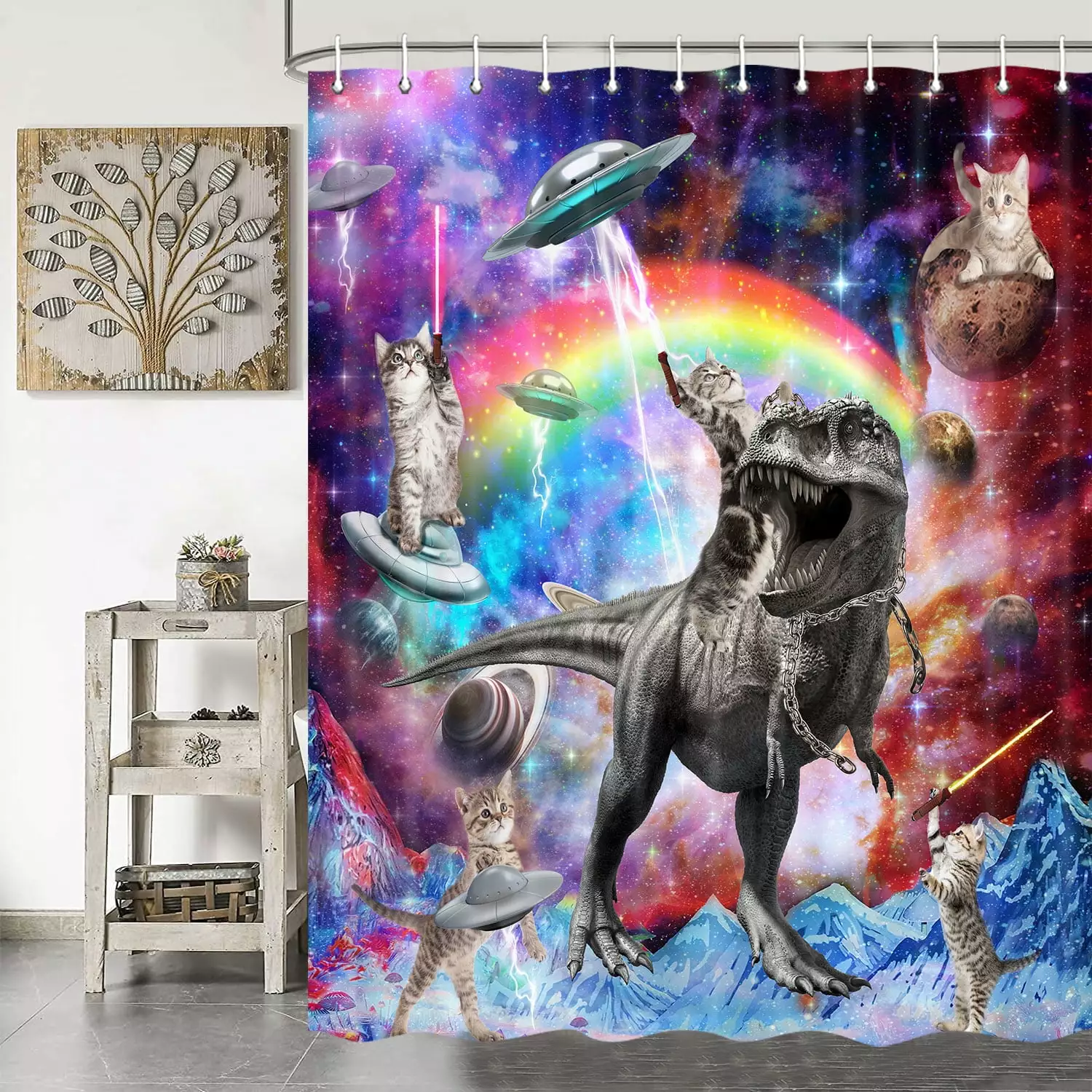 Funny Cat Shower Curtain for Kids. Cat Riding Dinosaur Shower Curtain Set. Fun Galaxy Hilarious Kids Shower Curtains for Bathroom. Funny Outer Space Universe Bathroom Curtain with Hooks.70X70in