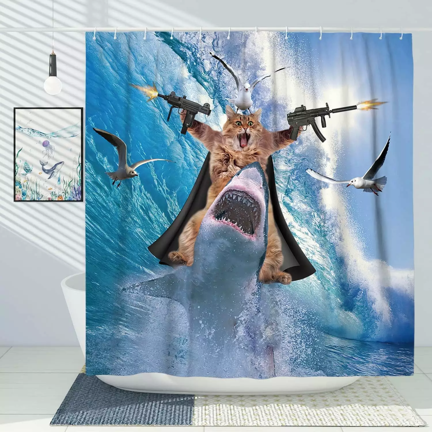 Funny Cat Shower Curtain Set Cat Riding Shark Theme Ocean Shower Curtains for Bathroom Fun Nautical Kids Bathroom Decor Polyester Fabric-72 x 72