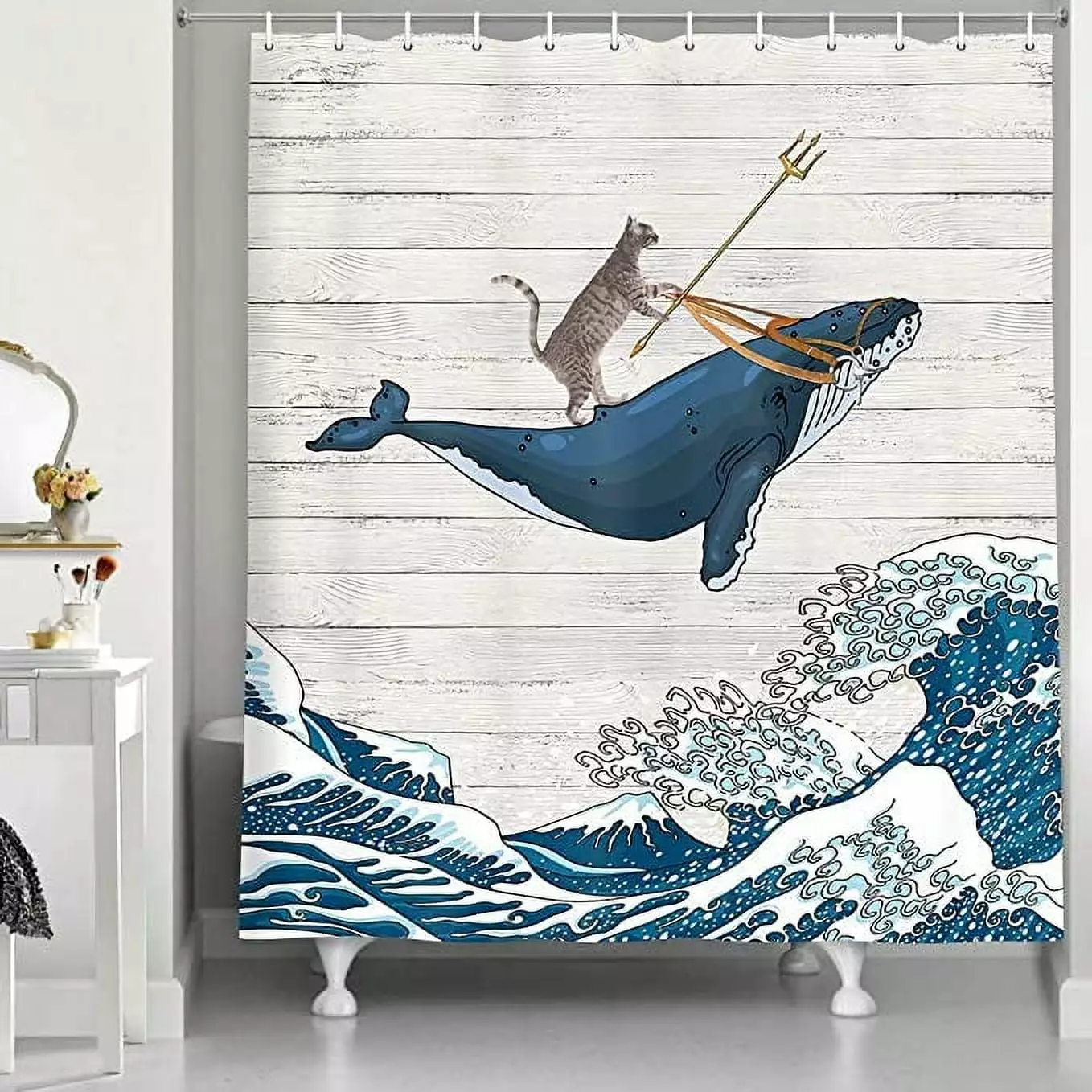 Funny Cat Whale Shower Curtain. Cool Cat Riding Whale with Japan Kanagawa Waves on Rustic Wooden Shower Curtain Cute Kids Decor. Polyester Fabric Farmhouse Shower Bathroom Decor. 70X70IN Gray Blue