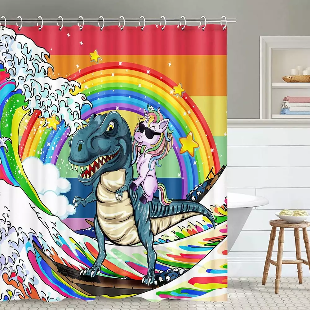 Funny Colorful Rainbow Shower Curtain for Kids. Cool Unicorn Rode Dinosaur Rainbow Colors Stripe Waves Shower Curtain Sets. Cute Kids Waterproof Fabric Bathroom Accessories Decor with Hooks.70*70IN