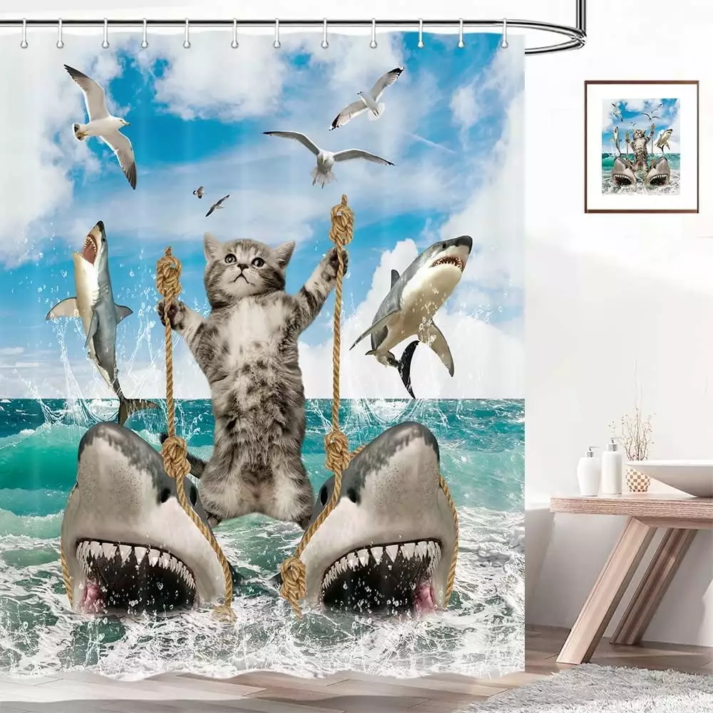 Funny Cool Shower Curtain. Fun Cat Riding Shark Bath Curtain. Blue Ocean Sea Wave Kids Children Waterproof Fabric Bathroom Curtain Set with Hooks 70x70inches