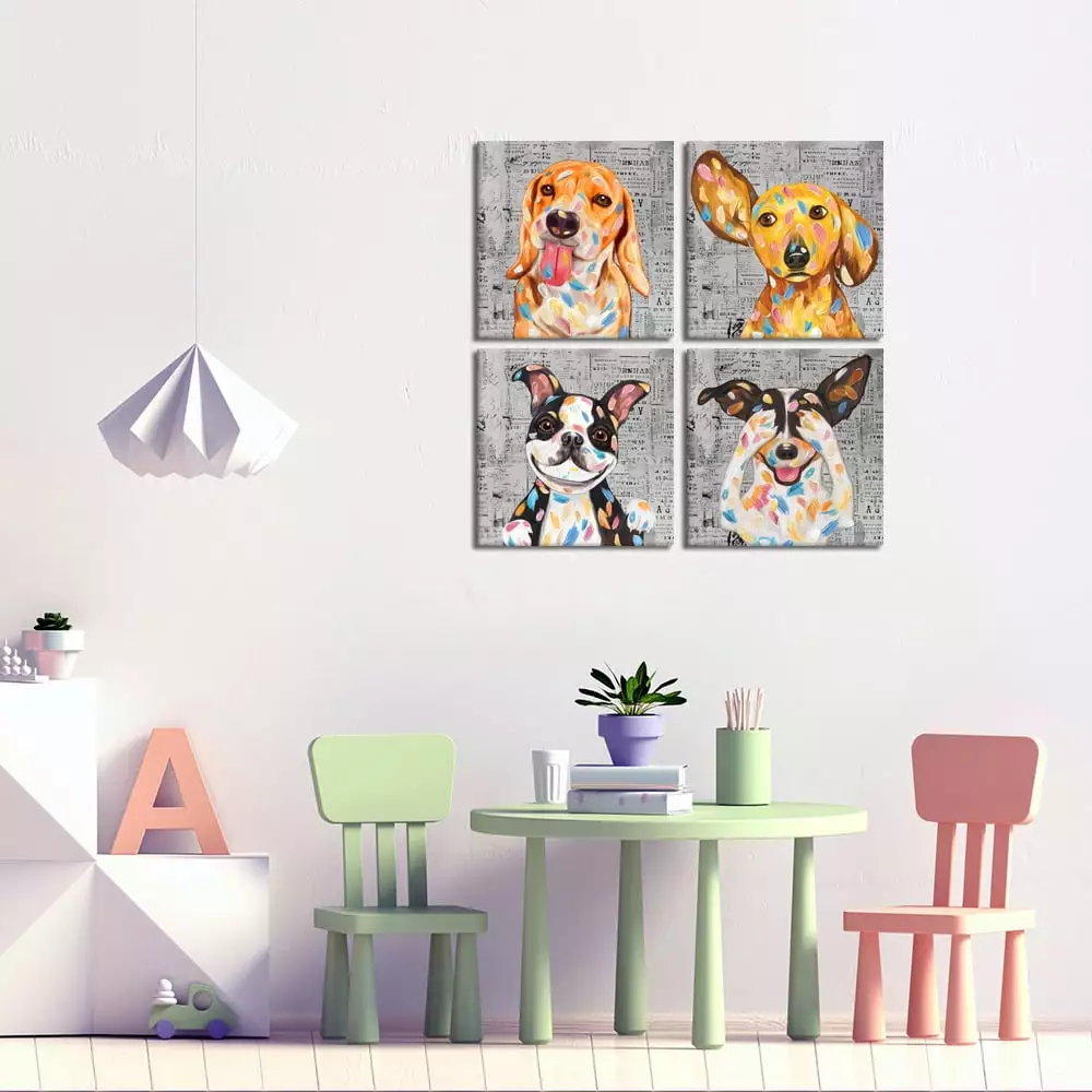 Funny Dog Painting Wall Art Cute Puppy Animal Pictures Wall Decor Print on Canvas Gallery Wrapped for Kids Nursery Bedroom Living Room Bathroom Room 12x12inch x 4 Panels