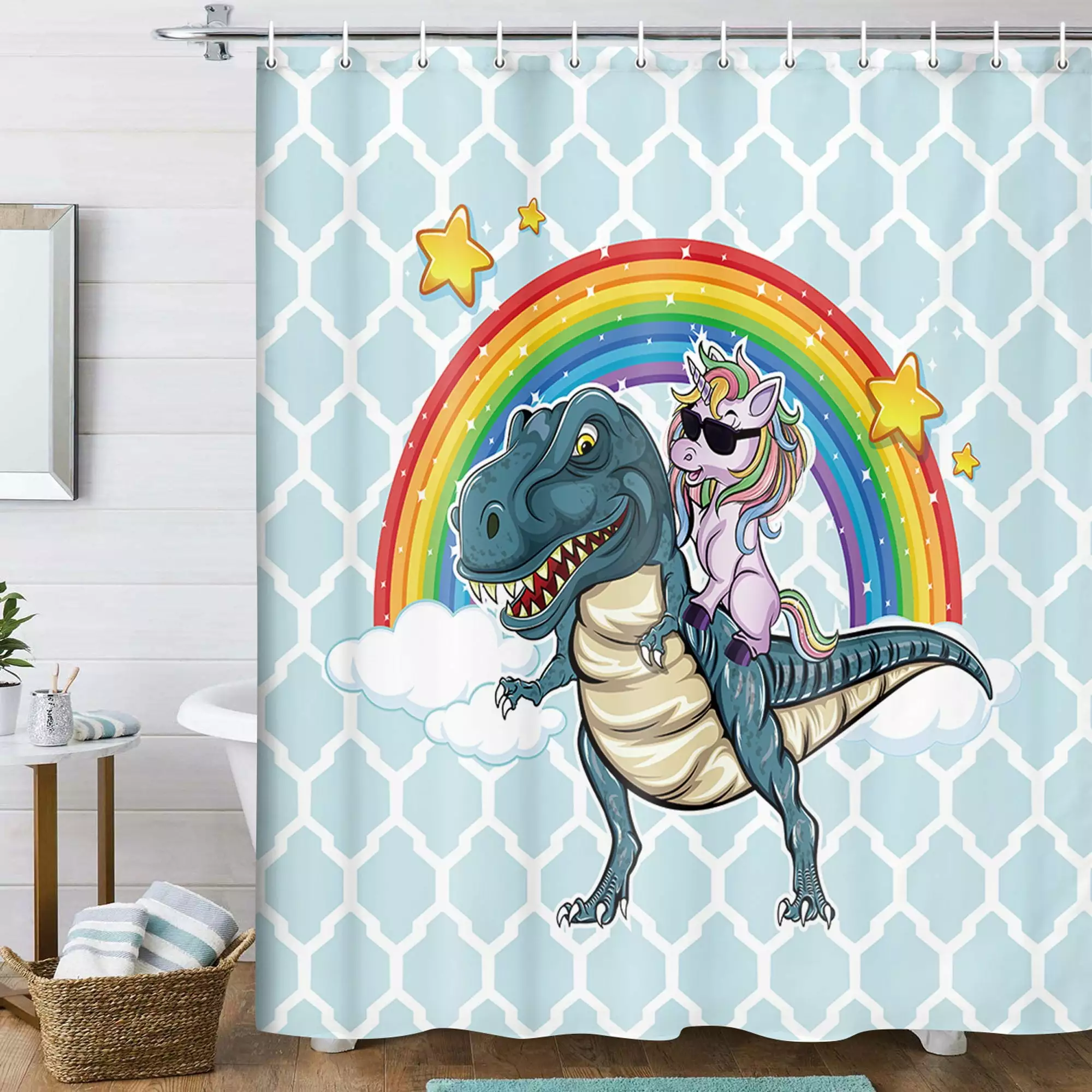 Funny Kids Shower Curtain. Cool Unicorn Riding Cute Dinosaur with Rainbow Shower Curtain Set.Polyester Fabric Cartoon Shower Curtain for Bathroom with 12PCS Hooks. Teal Blue 70X70