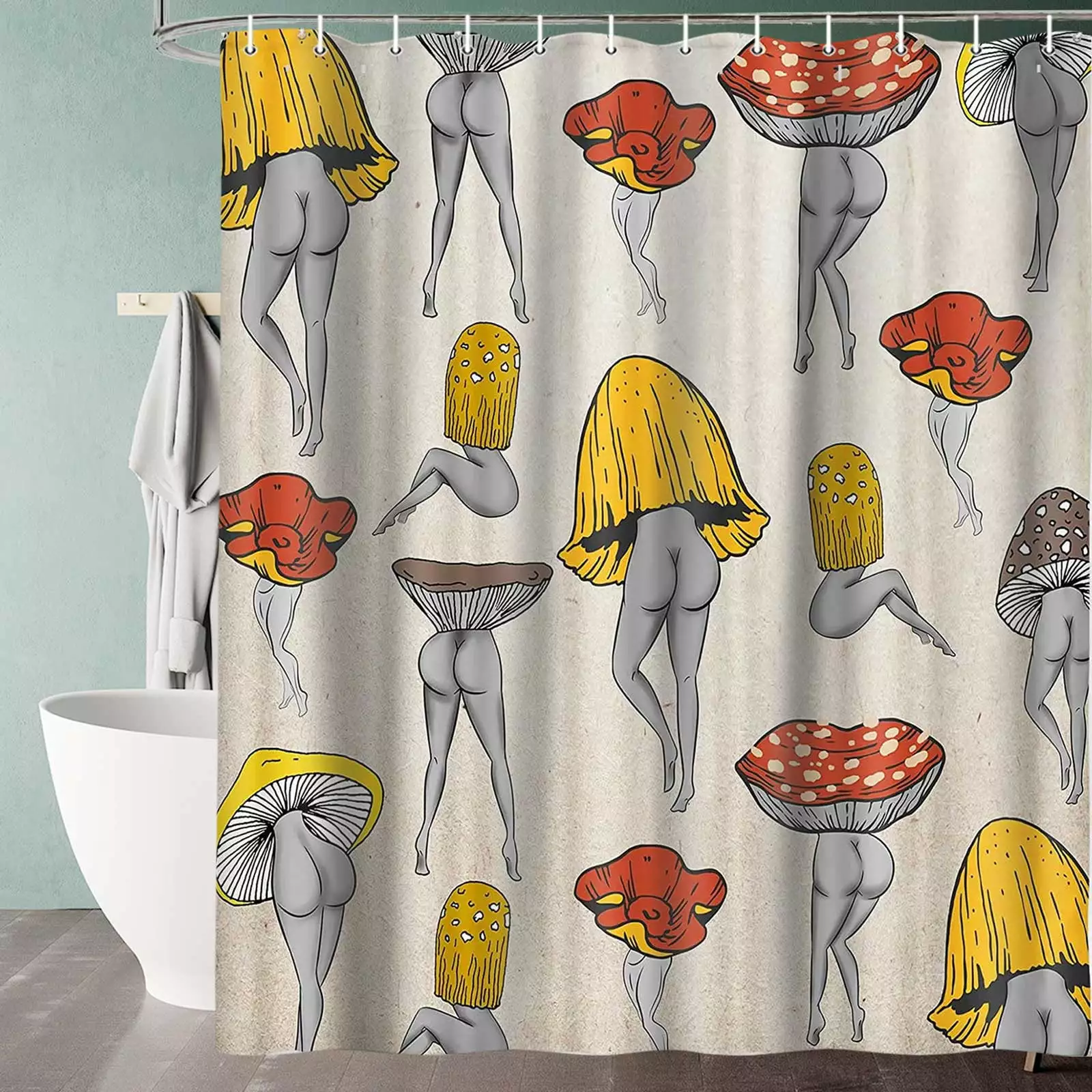 Funny Mushroom Shower Curtain Humorous Mushrooms Butt Bathroom Curtains Colorful Sexy Boho Fabric Bathtub Decor + Hooks 72 X 72 inch