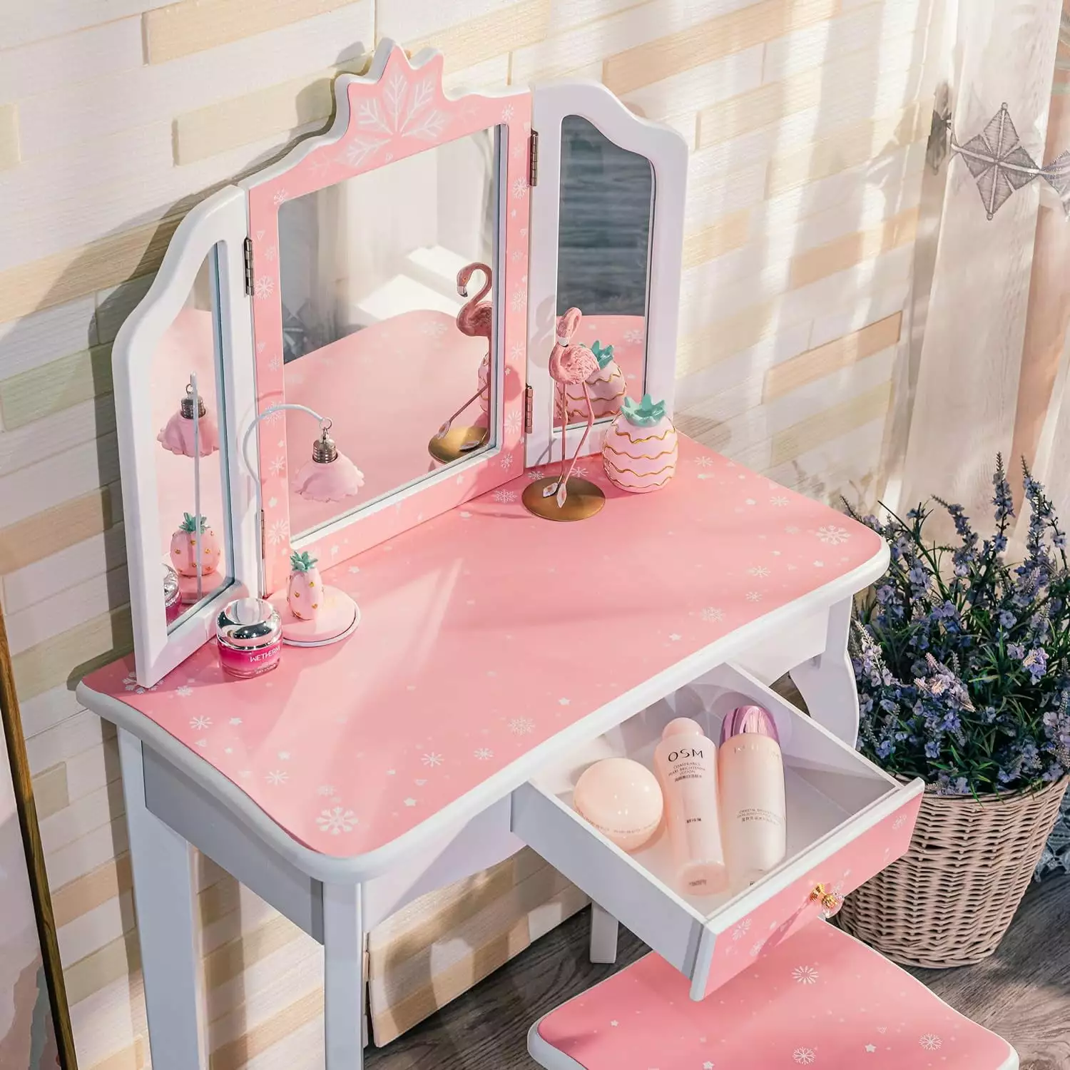 FunsLane Kids Vanity. Girls Vanity Table with Mirror.Stool & Drawer. 2 in 1 Wooden Princess Makeup Desk Dressing Table. Toddler Vanity.Pretend Play Vanity Set for Kids