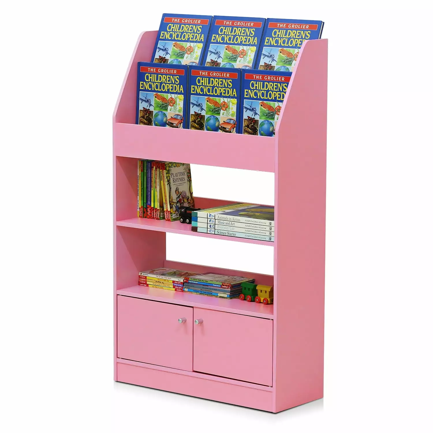 Furinno KidKanac Kids Bookshelf. 4 Tier with Cabinet. Pink