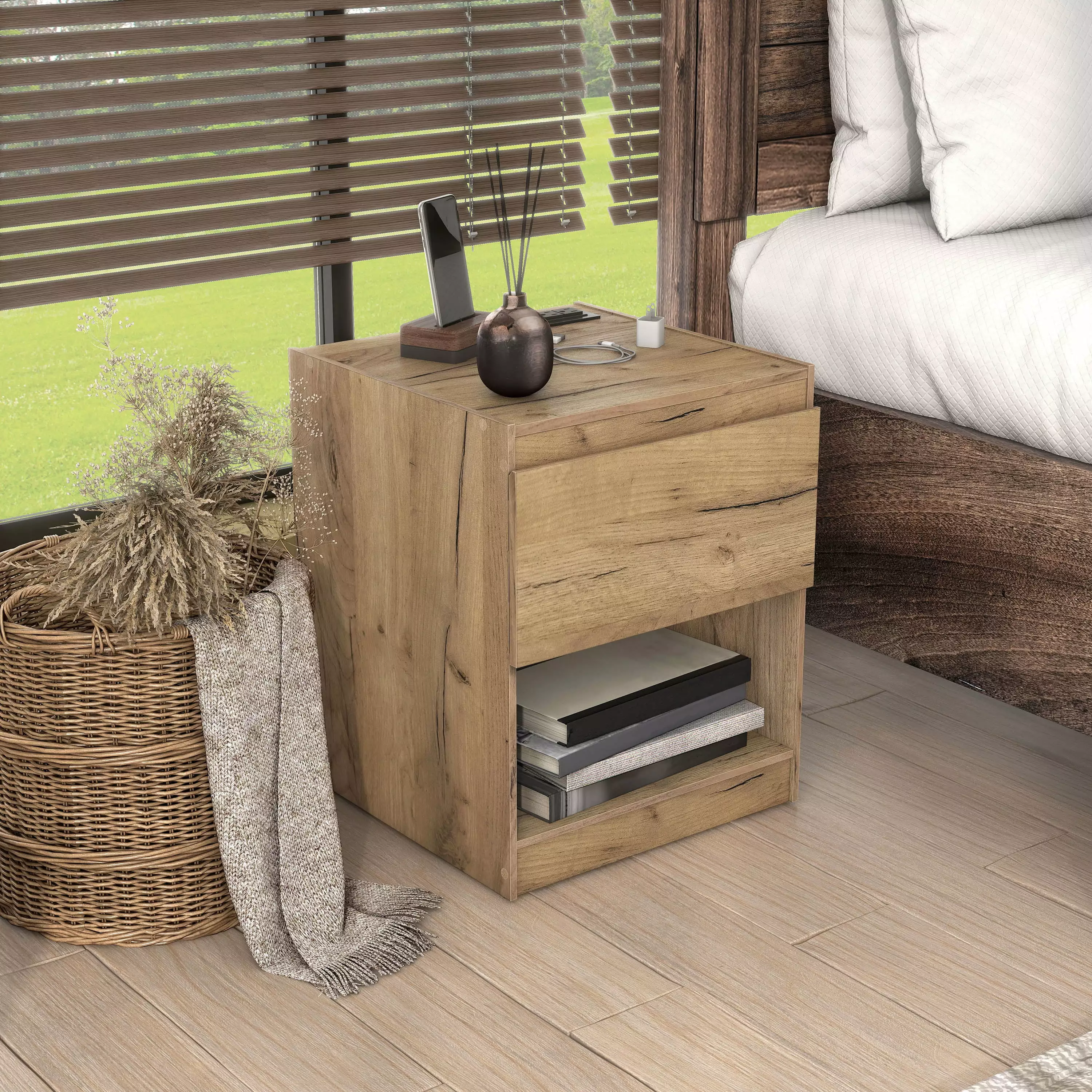 Furniture of America Freen 1-Drawer and 1-Shelf Wood Light Oak Nightstand with USB Socket