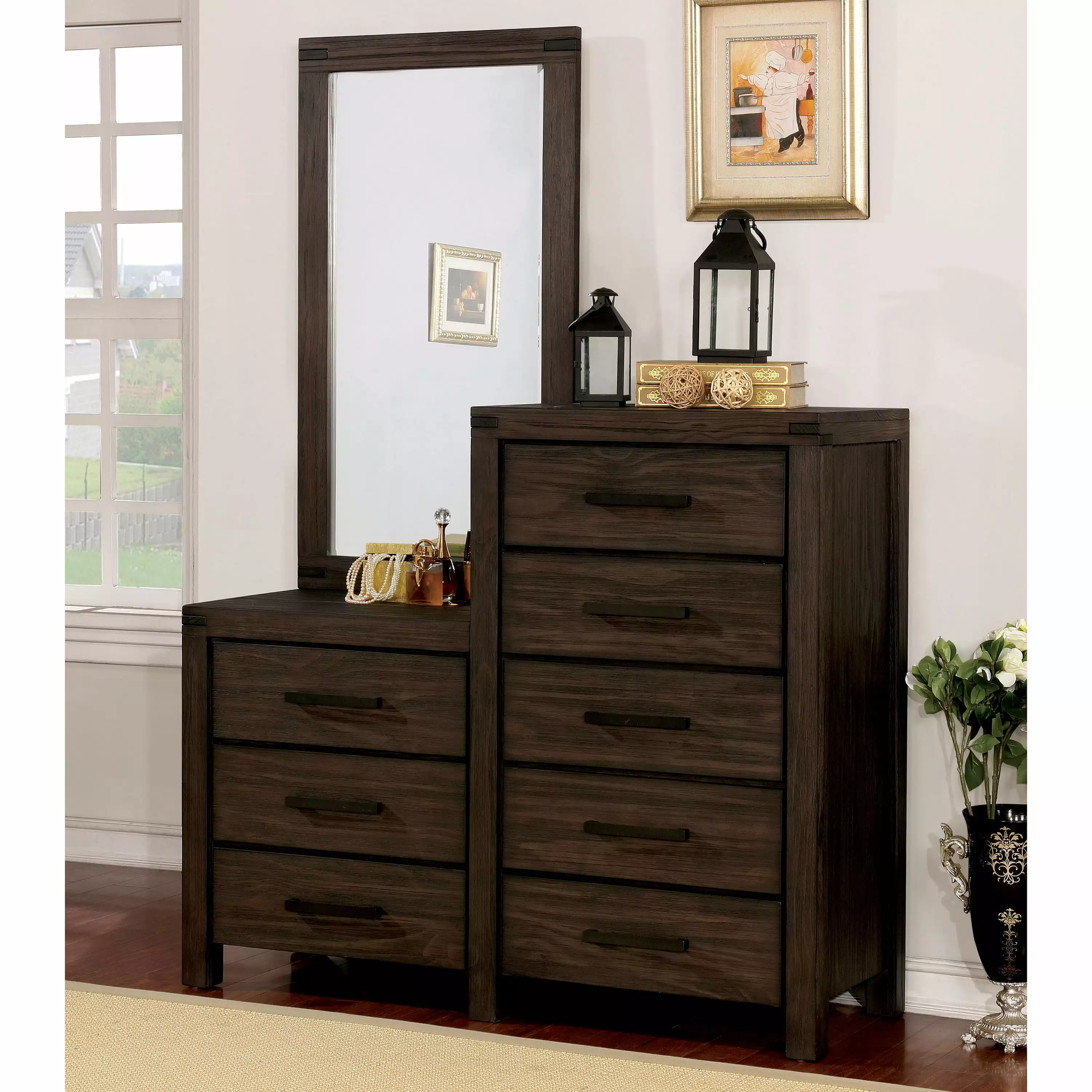 Furniture of America Krentin Transitional Dresser and Mirror Set. Wire-Brushed Rustic Brown