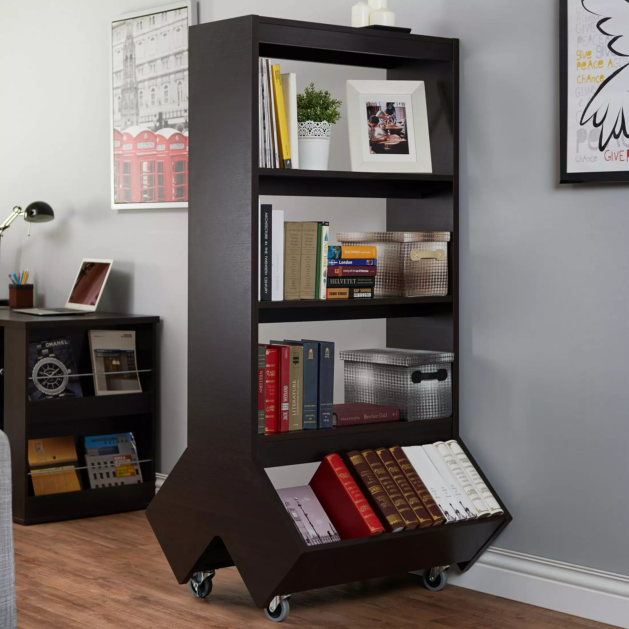 Furniture of America Lopher Bookcase with Casters. Espresso