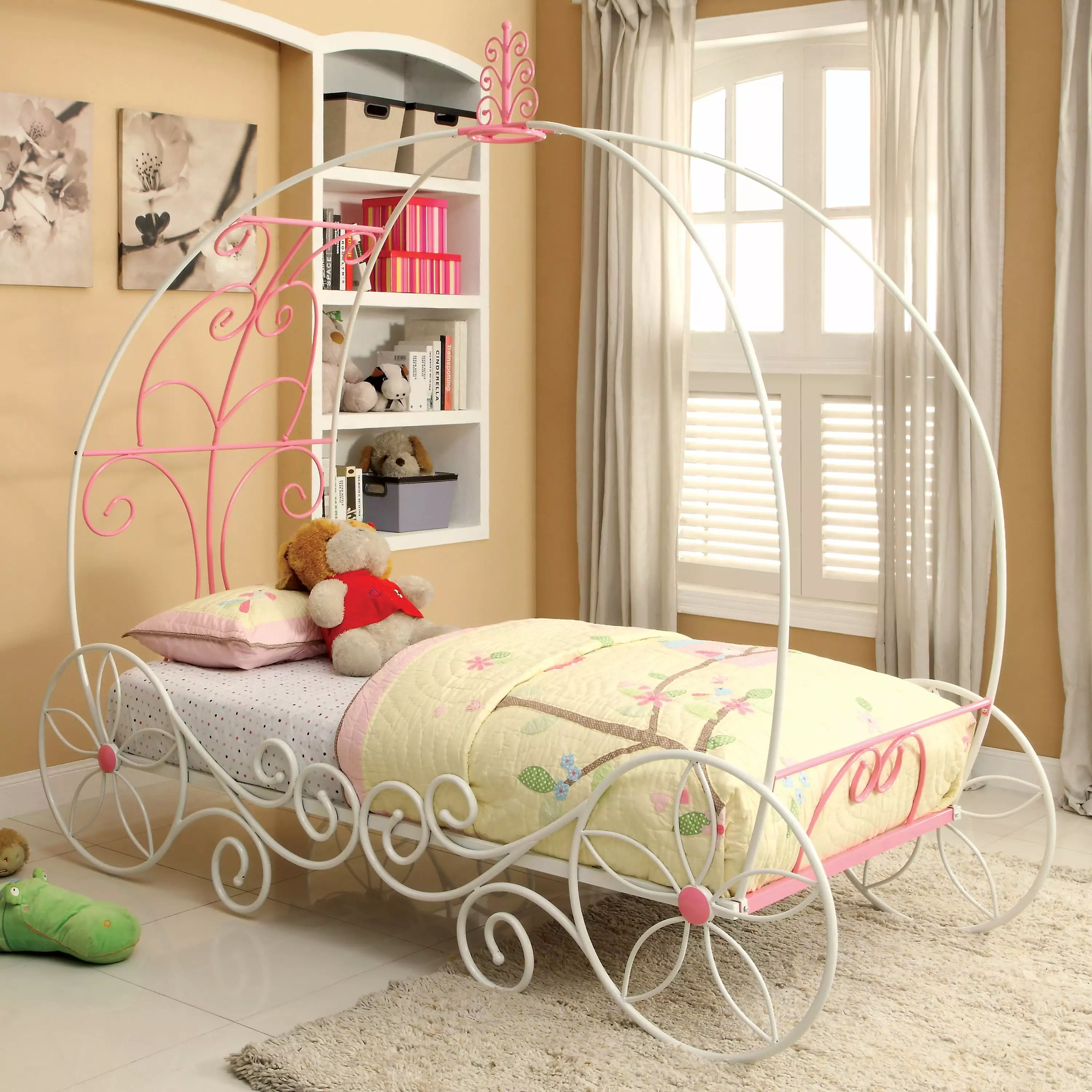 Furniture of America Omar Panel Metal Pink and White Twin Kids Carriage Bed