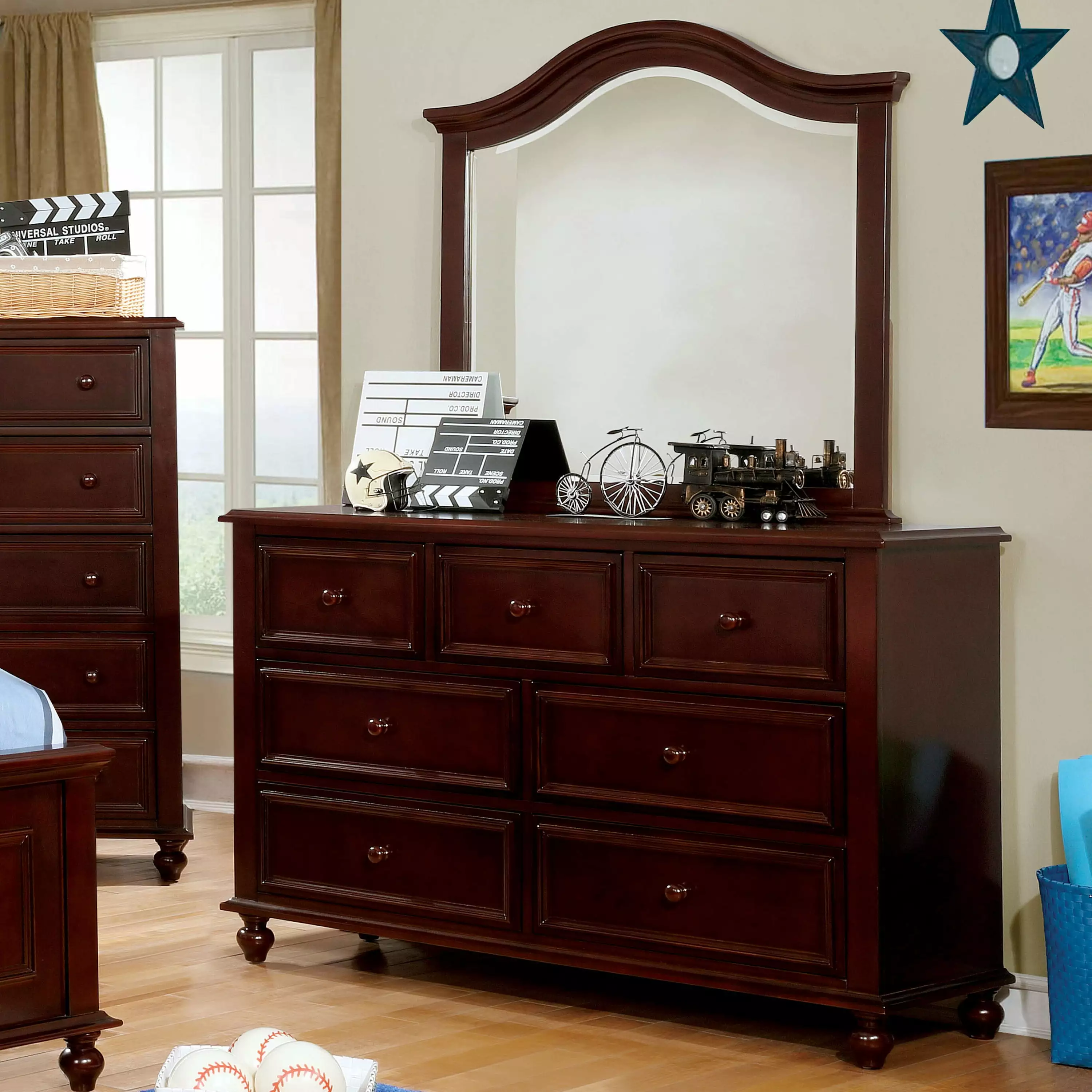 Furniture of America Oscar 7-Drawer Wood Walnut Kids Dresser with Mirror