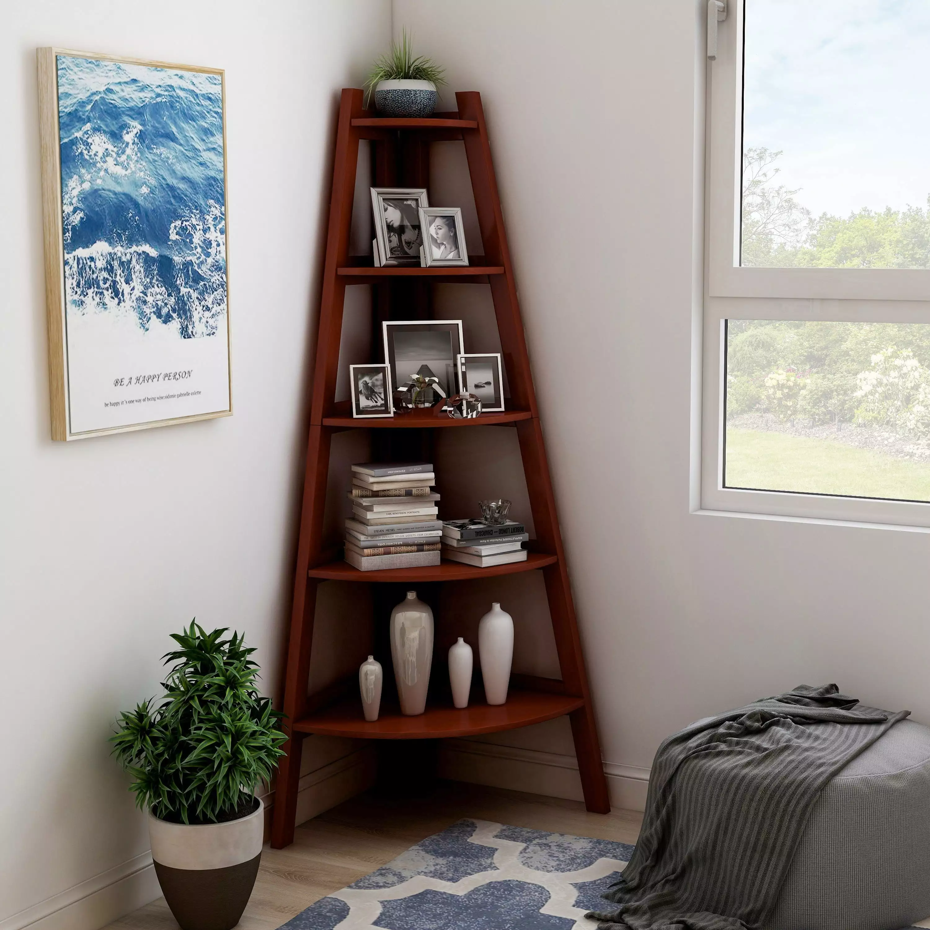 Furniture of America Reno 5-Shelf Wood Cherry Corner Bookcase