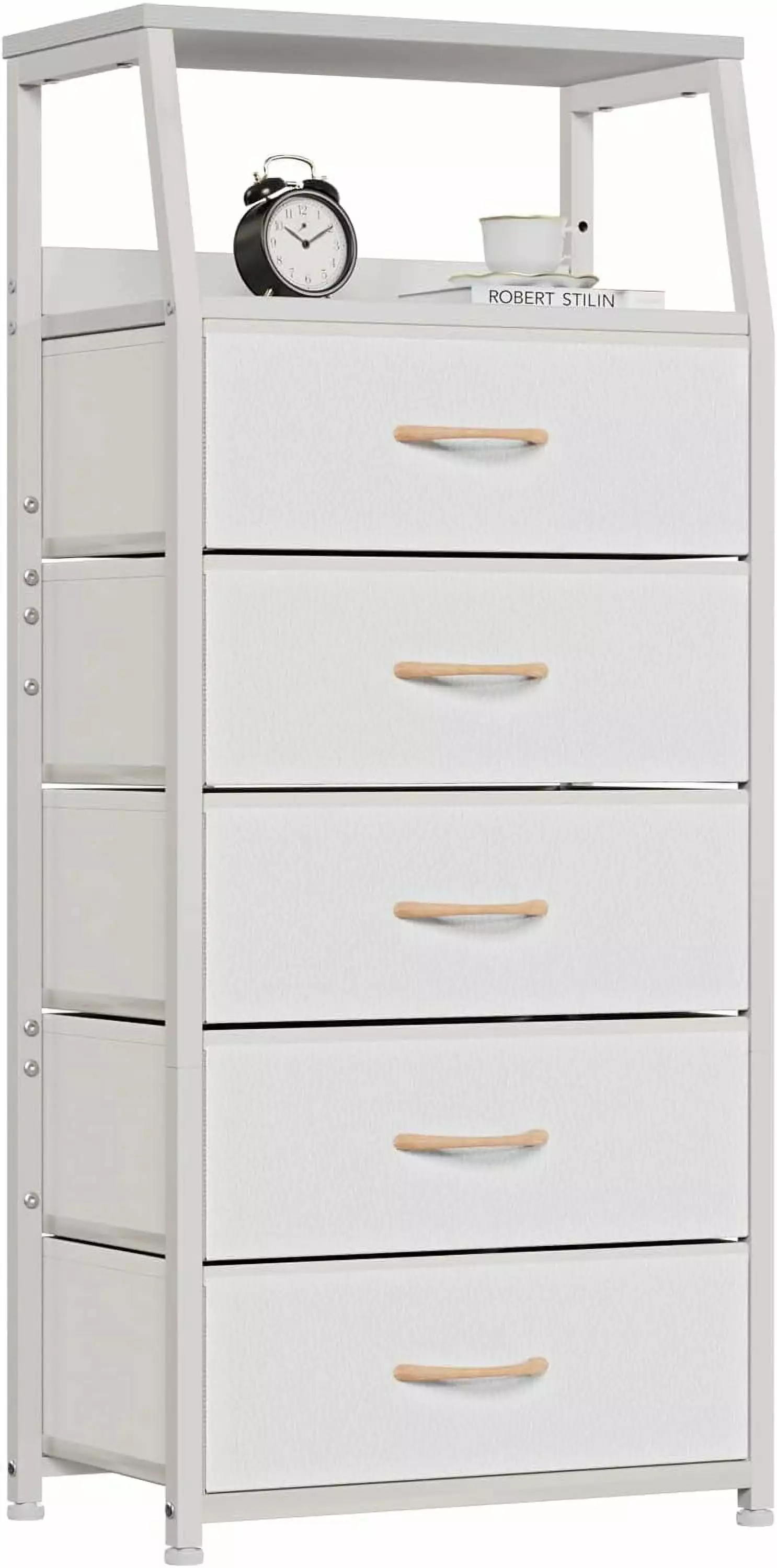 Furnulem White Dresser with 5 Drawers. Vertical Storage Tower Fabric Dresser for Bedroom. Hallway. Entryway. Nursery. Closet Organizer. Nightstand Bedside Table Furniture. Sturdy Steel Frame. Wood Top