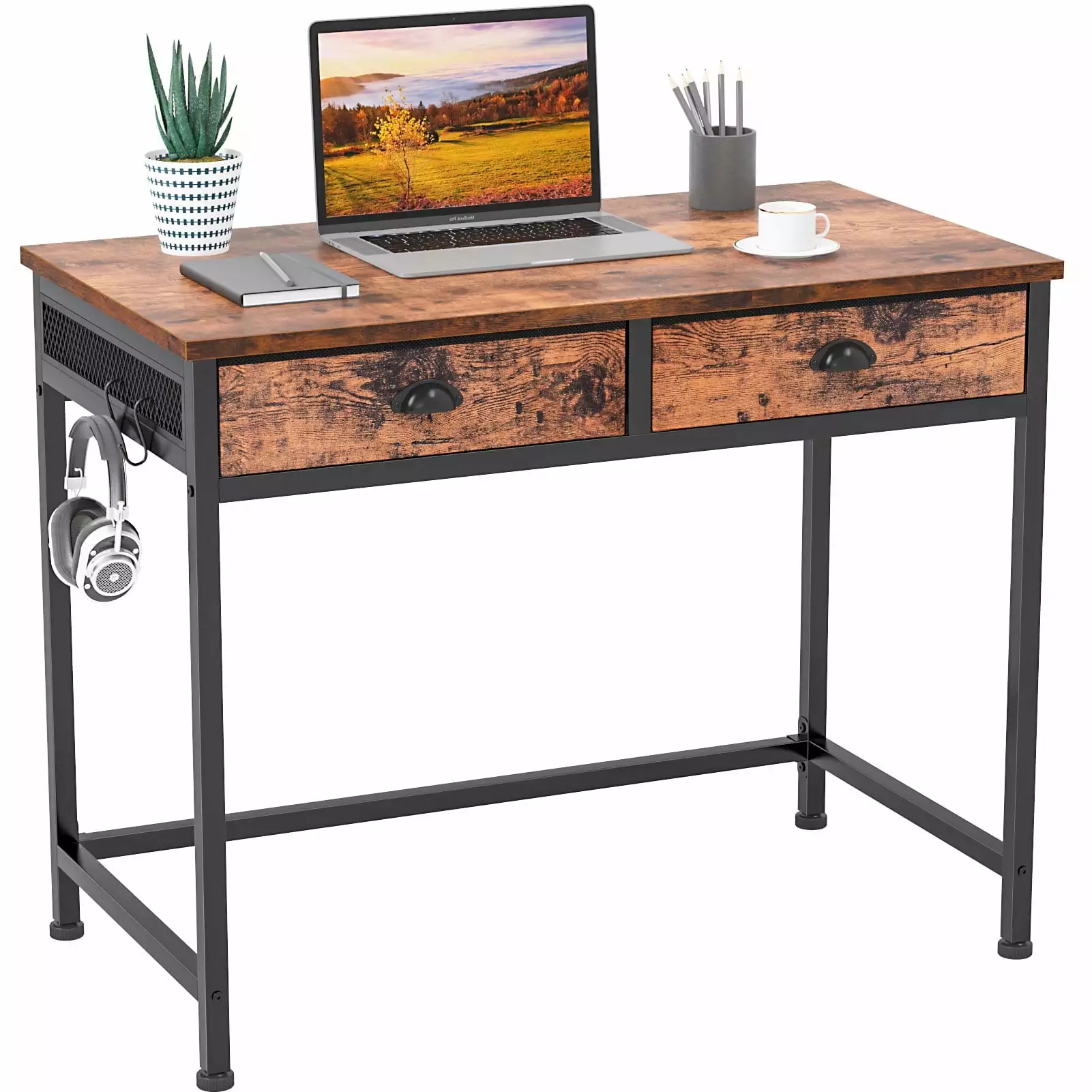 Furologee Computer Desk with 2 Fabric Drawers. 36 Home Office Writing Desk. Vanity Desk with Hooks. Study Desk for Small Spaces. Makeup Dressing Table. Rustic Brown