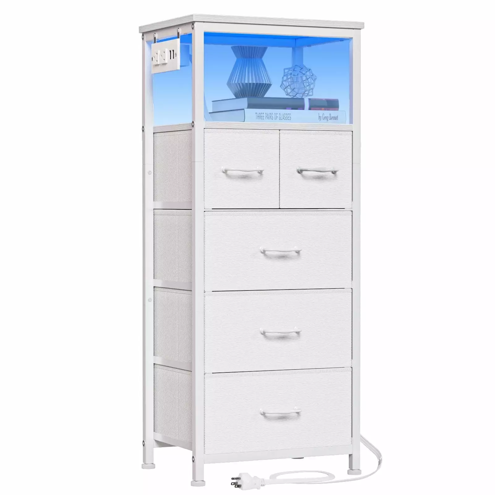 Furologee White Dresser. Vertical Storage Tower with 5 Drawers for Bedroom. Living Room. Nightstand with Outlets & Led Lights. Side Table for Adult & Kids