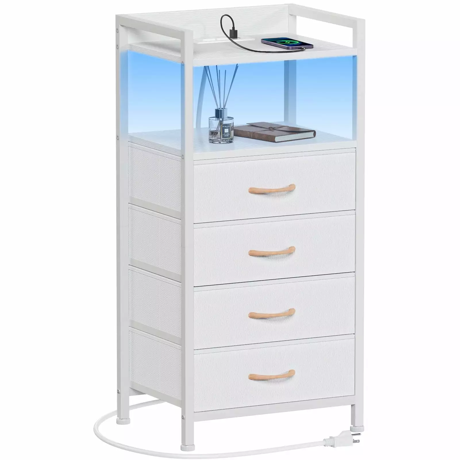 Furologee White Fabric Vertical Dresser Light with Charging Station. Storage Tower Organizer for Bedroom