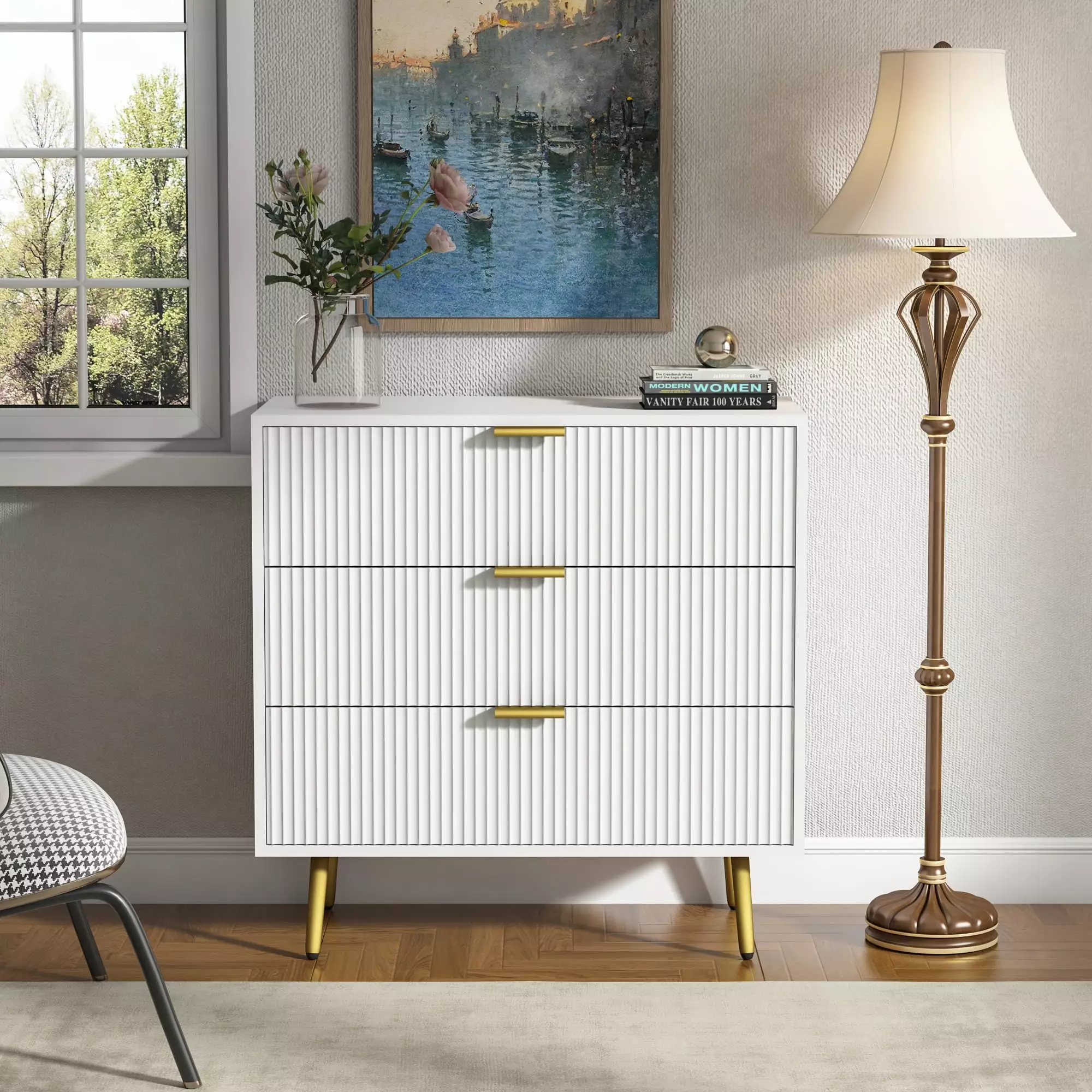 Furtivusia 3 Drawer Dresser. 3 Drawer Nightstand White.Wood Chest of Drawer with Metal Legs for Bedroom. Living Room. Study Room