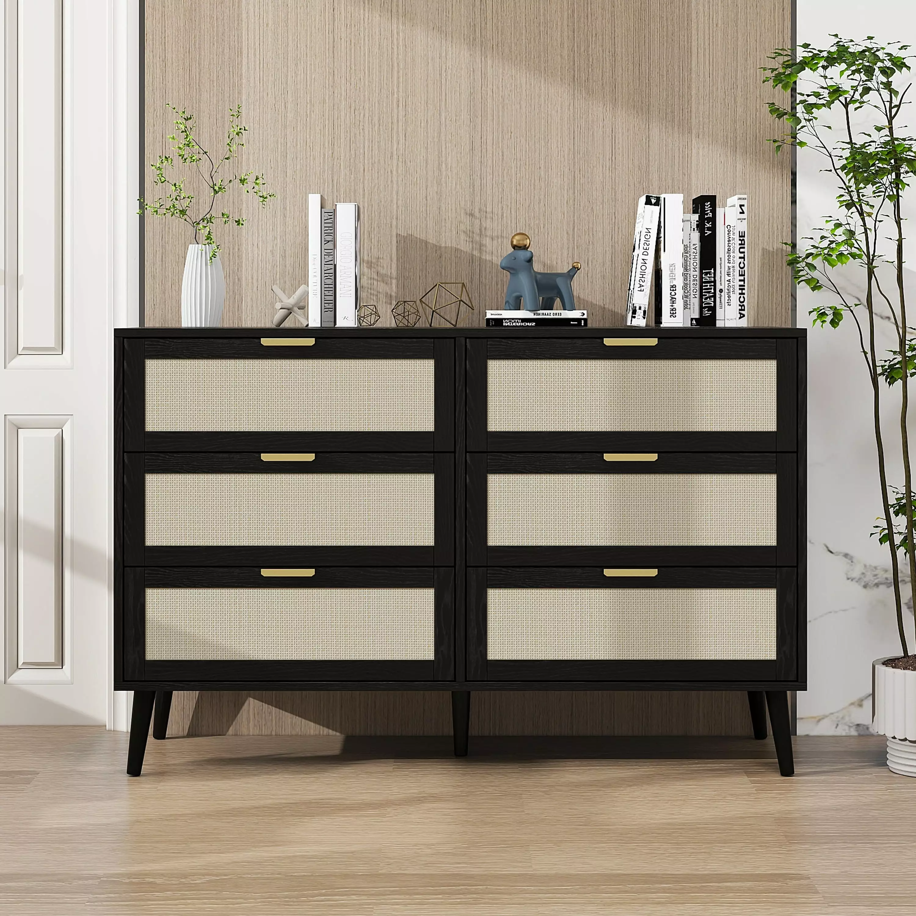 Furtivusia 6 Drawer Cabinet. Modern Rattan Dresser. Wooden Cabinet with Drawers. Dresser Storage Suitable for Bedroom. Living Room. Study Room. Black