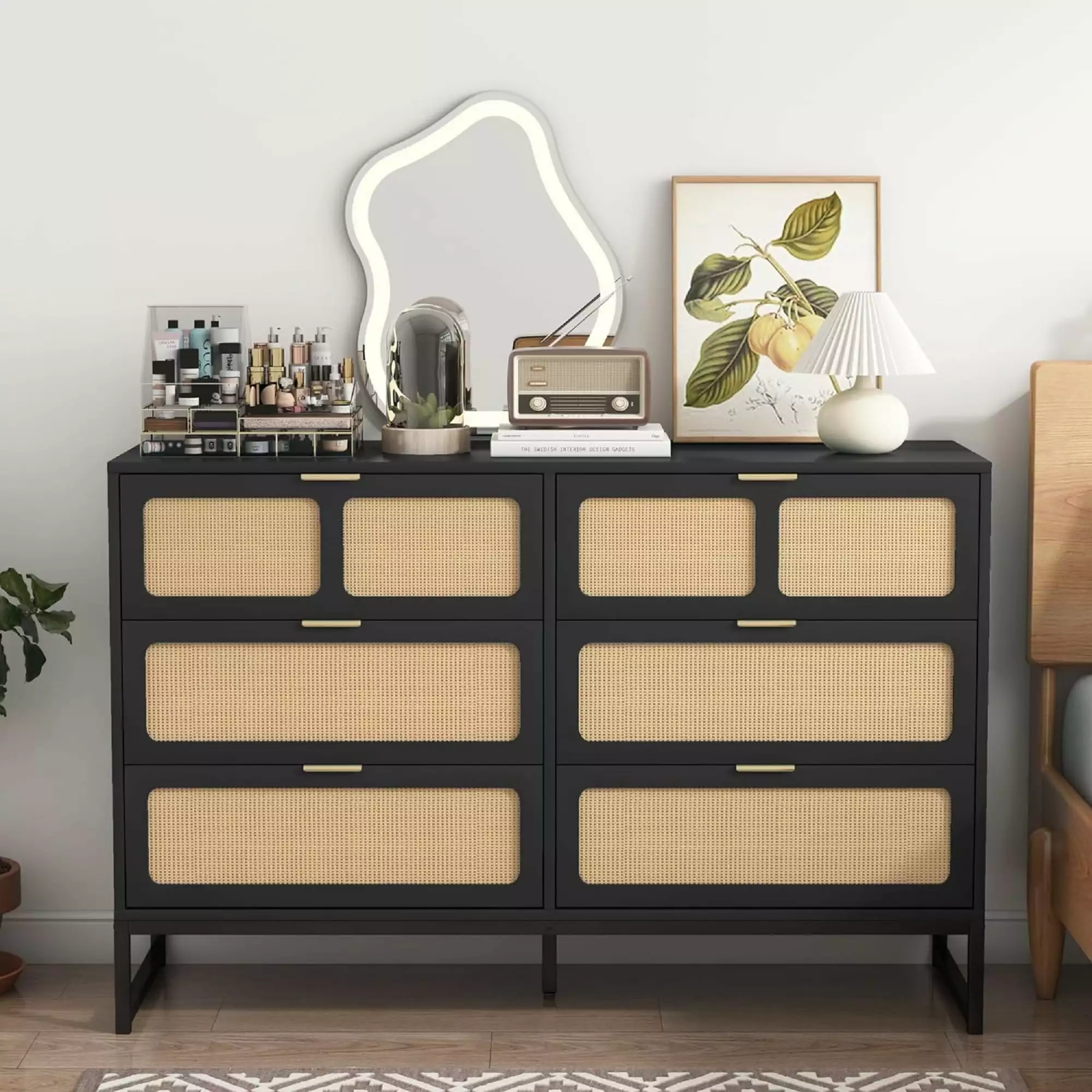 Furtivusia 6 Drawer Dresser. Wooden Chest of Drawers Storage. Modern Rattan Storage Dressers for Living Room. Bedroom. Black