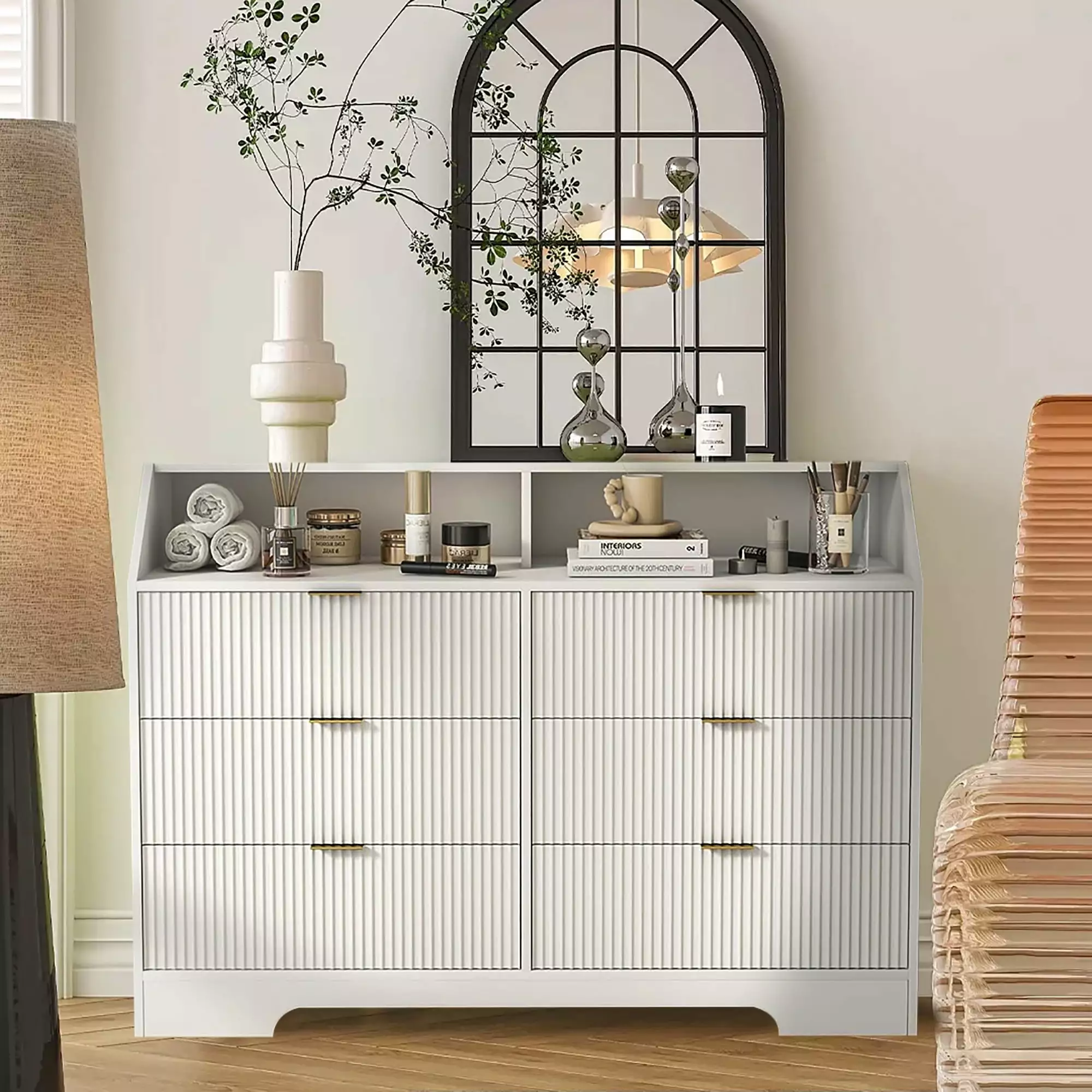 Furtivusia 6 Drawer Dresser with Charging Station. Wooden Dresser Desk. Fluted Chest of Drawers for Bedroom. Living Room. White