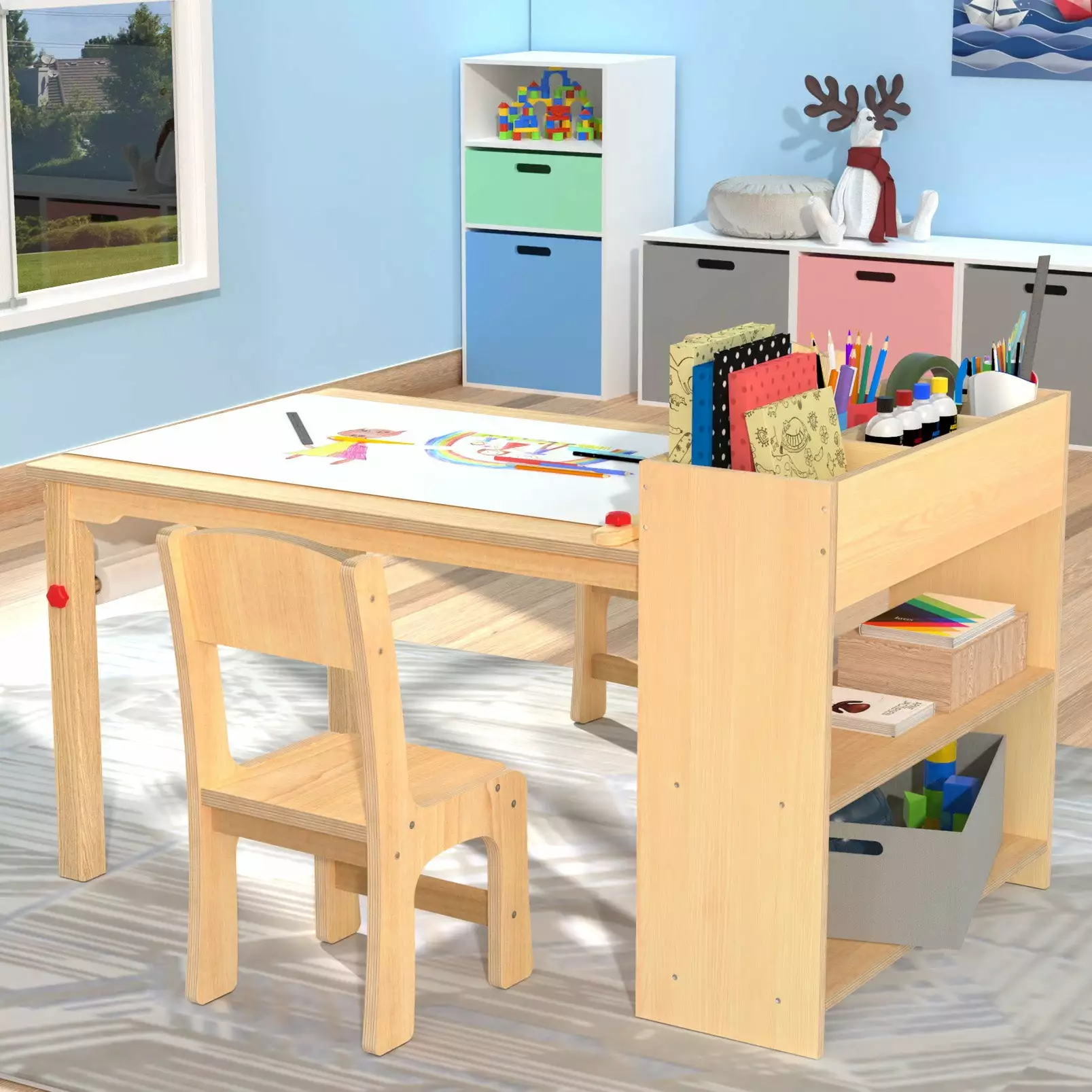 GDLF Kids Art Table and 2 Chairs. Wooden Drawing Desk. Activity & Crafts. Children's Furniture. 42x23