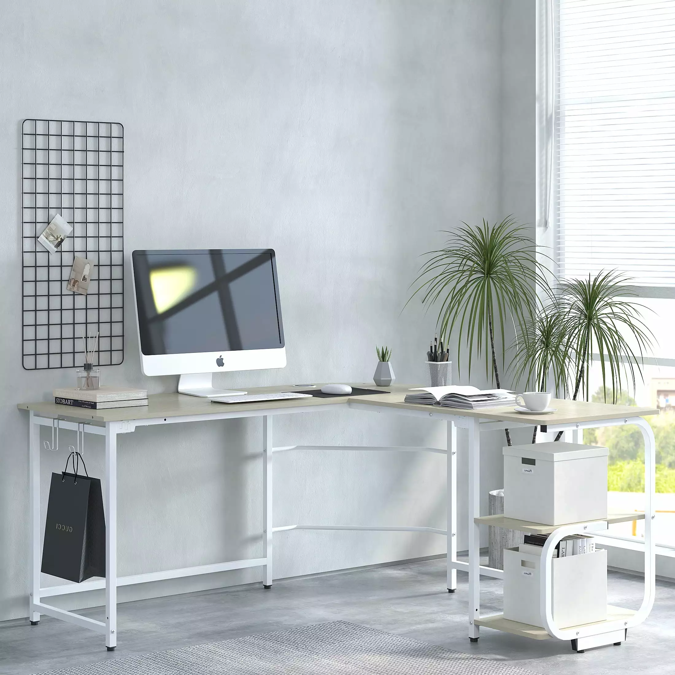 GEZEN 70 L Shape Computer Desk with 2-tier Bookshelf Storage. Home Office Corner Computer Table with Hooks. Beige