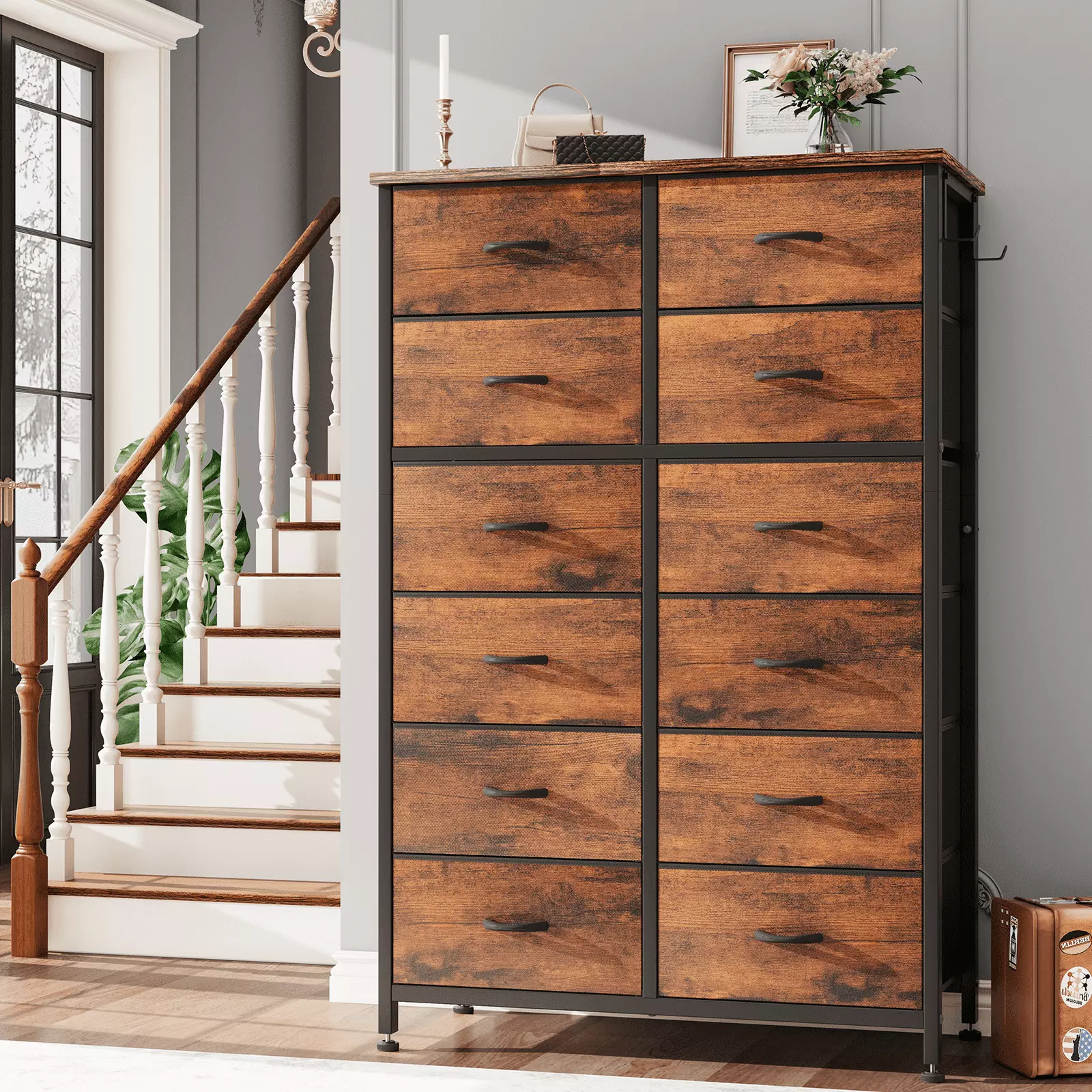 GIKPAL 12 Drawer Dresser. Dressers for Bedroom Chest of Drawers Tall Dresser Fabric Long Dresser for Kids and Adults. Steel Frame and Wooden Top Brown