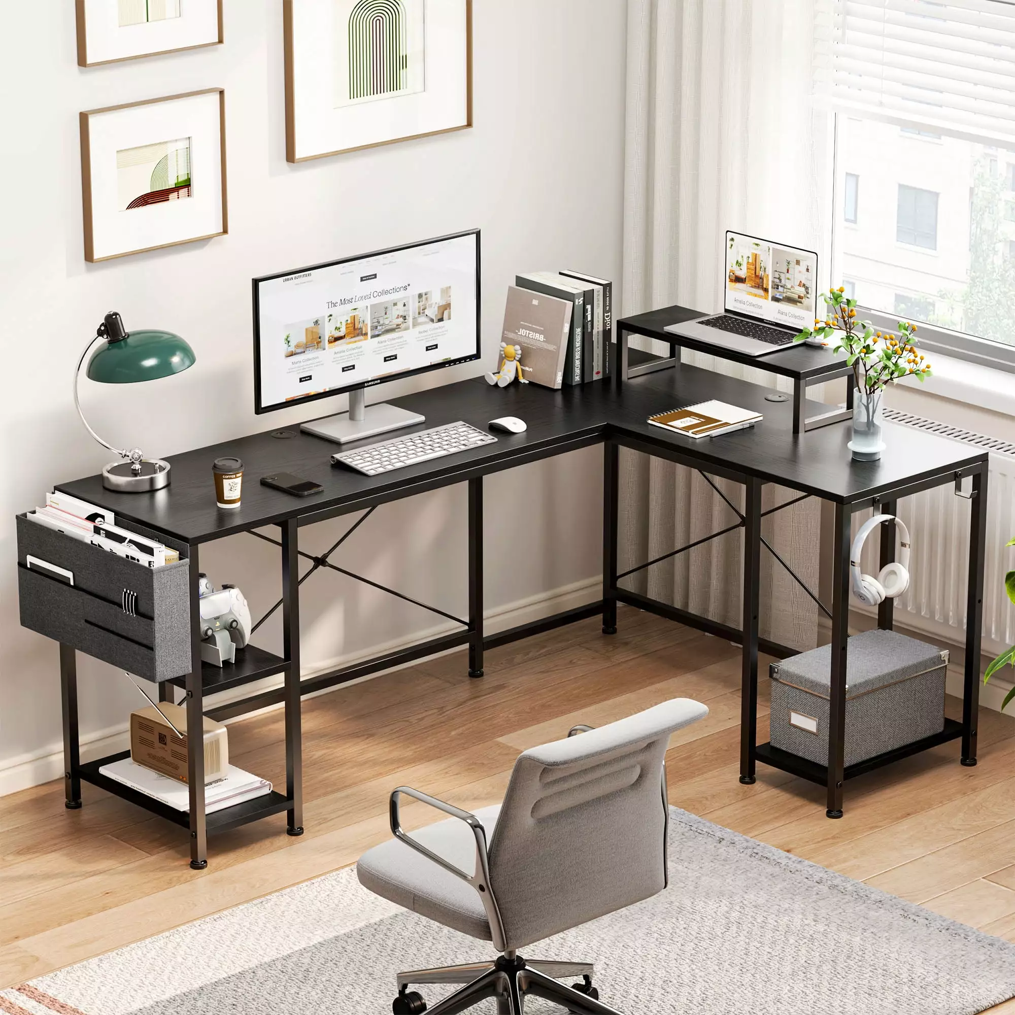 GIKPAL L Shaped Desk. Reversible Corner Computer Desk with Monitor Stand .59 Inch Office Desk with 3 Shelves and Storage Shelf. Home Office Desk. Black