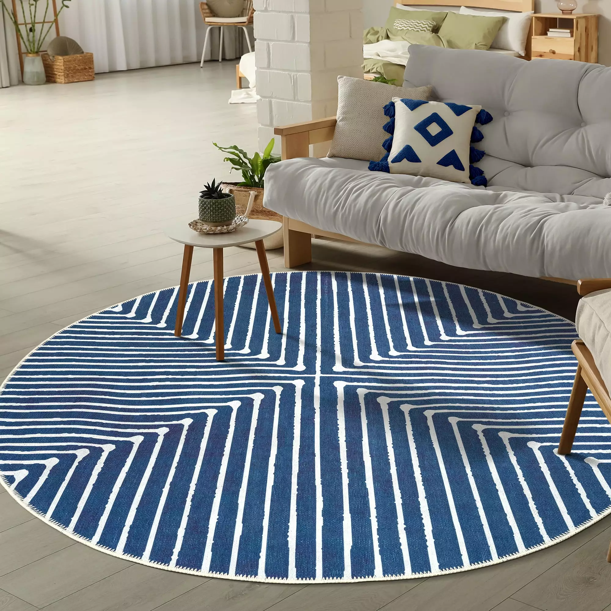 GLN Rugs Assos - Machine Washable Area Rug - 5' Round Turkish Modern Rug Blue