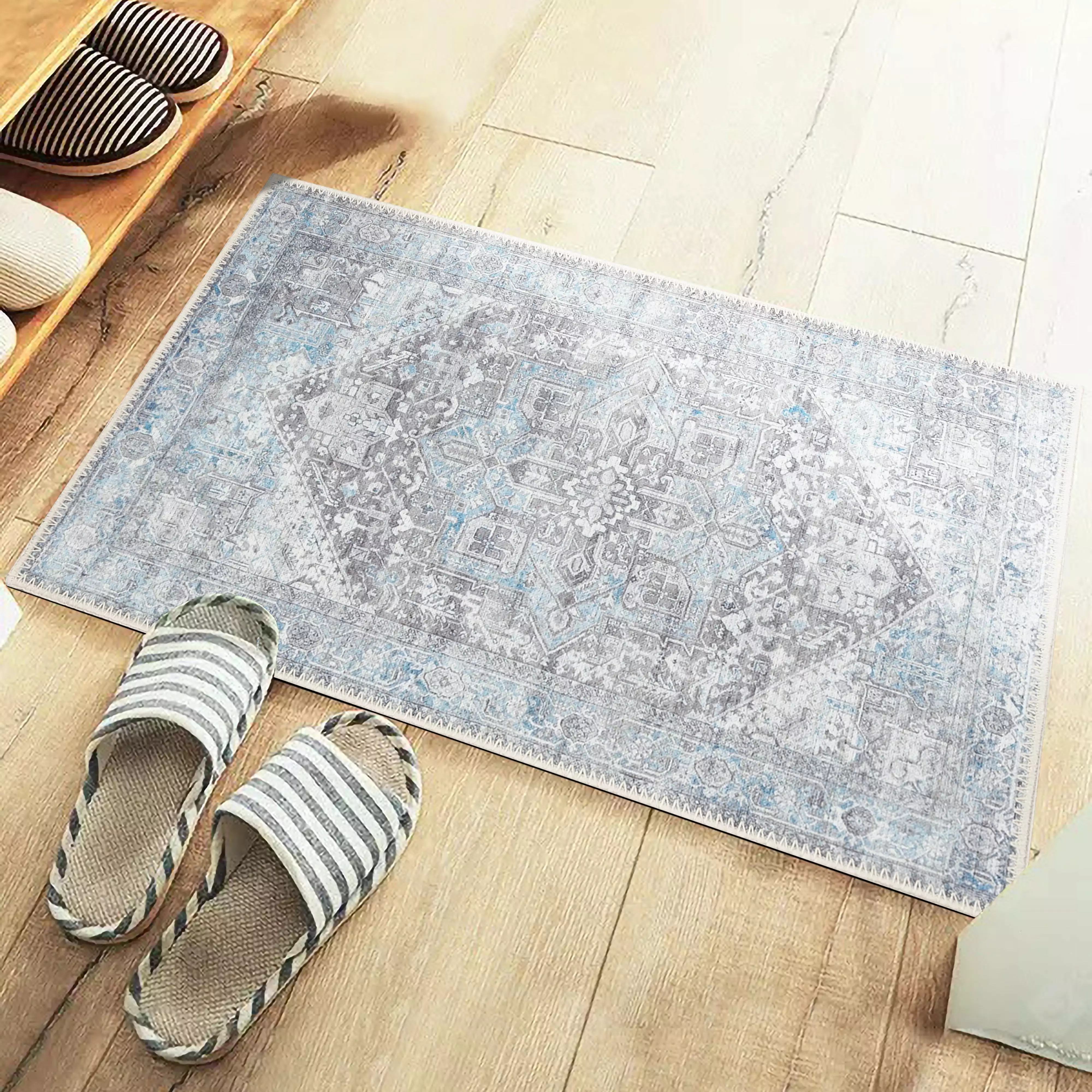 GLN Rugs Memphis - Machine Washable Area Rug - 2'x3' Turkish Vintage Rug Blue Gray