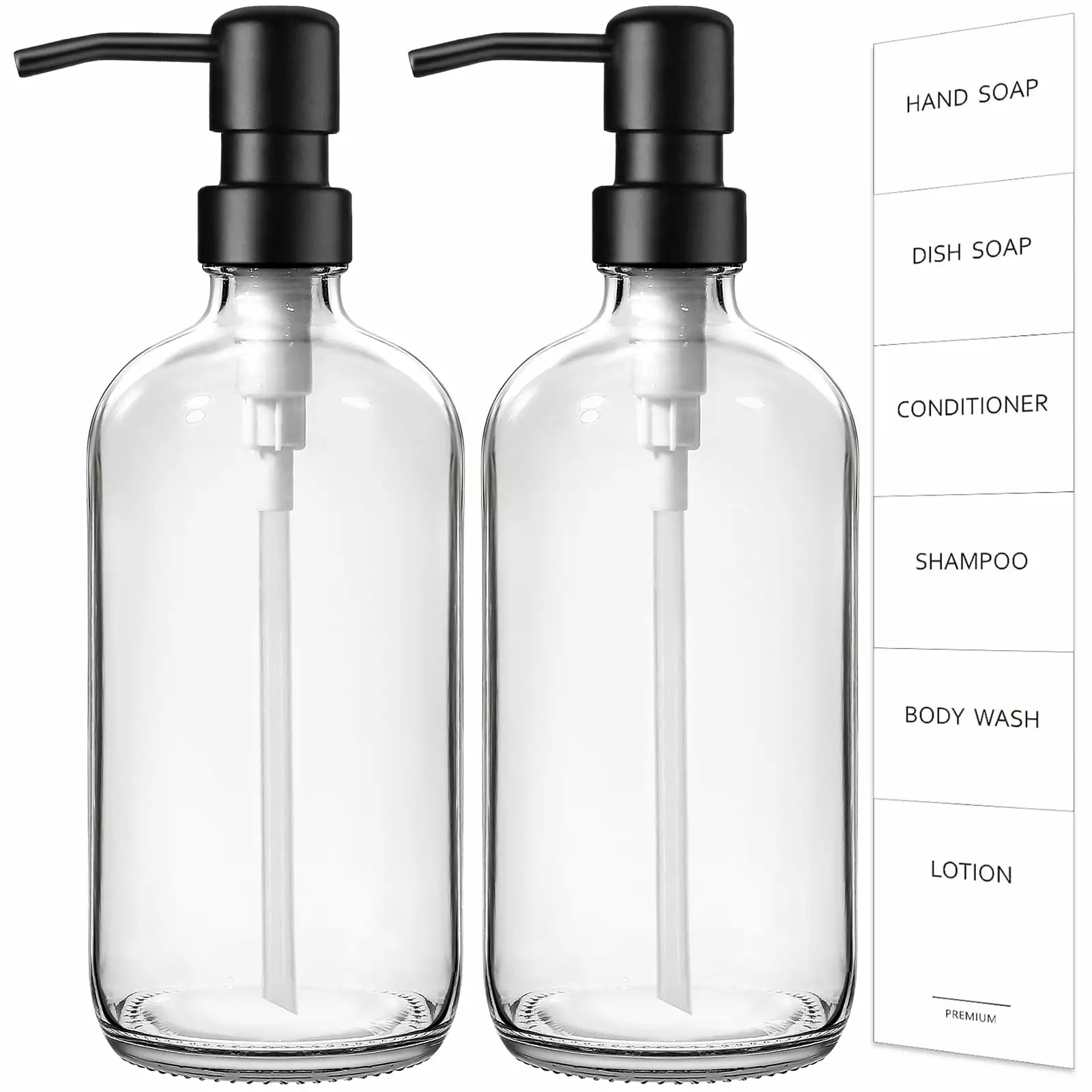 GM GMISUN Glass Soap Dispenser. Clear Hand and Dish Soap Dispenser Set with Labels - 2 Pack