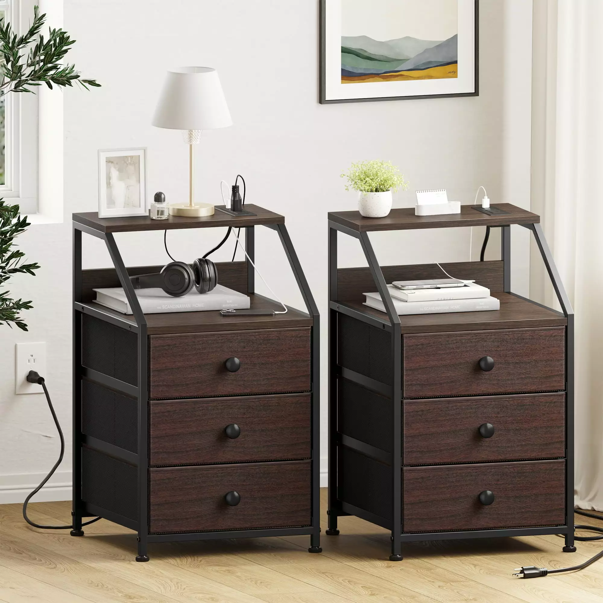 GUNAITO Nightstand with Charing Station & USB Ports End Table Set of 2 Modern End Table for Bedroom Living Room Rustic Brown