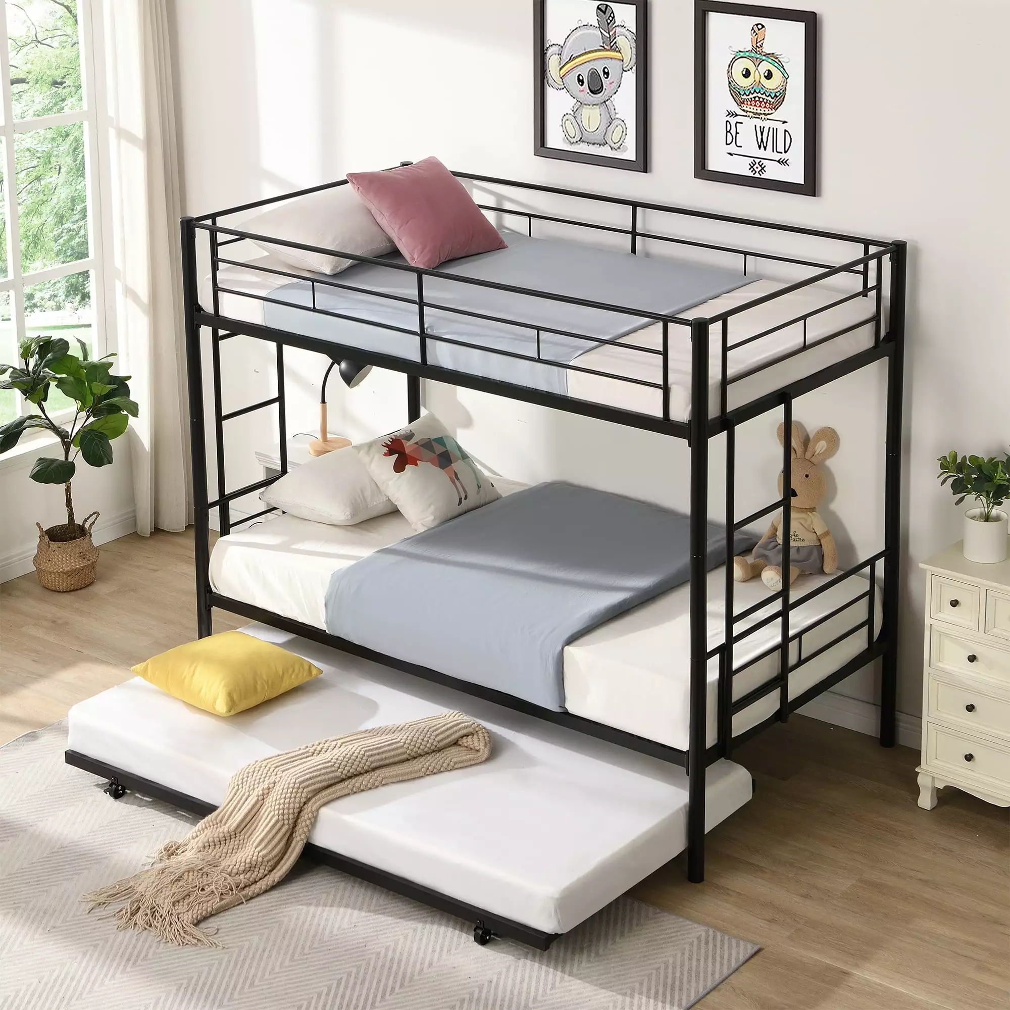 GUTALOR Twin Over Twin Bunk Bed Frame with Trundle - Metal Bunkbed with Sturdy Guard Rail. 2 Side Ladders. Divisible into Two Beds. No Box Spring Needed. Noise-Free for Dorm. Black