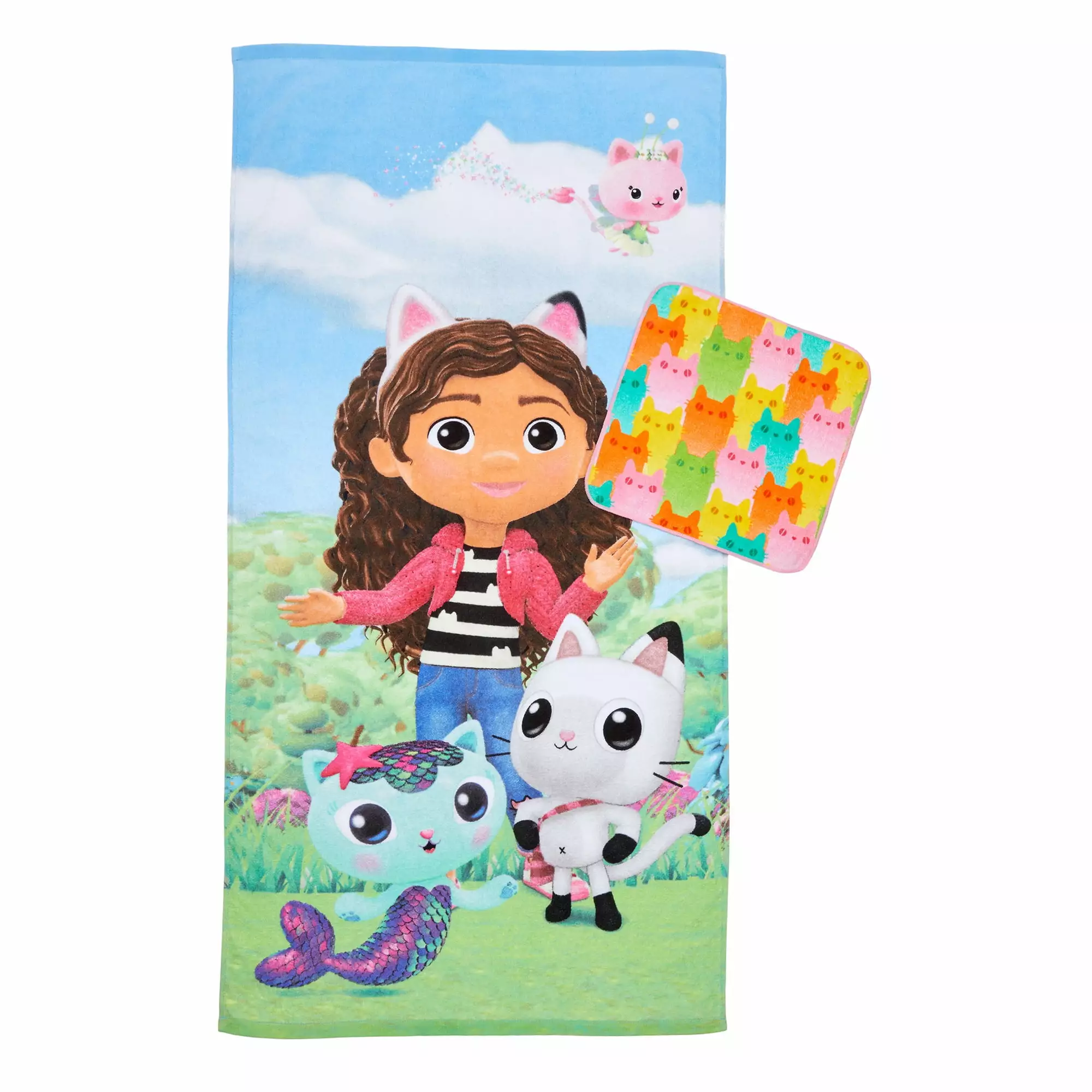 Gabby's Dollhouse Kids Bath Towel and Wash Cloth. 2-Piece Set. Cotton. Blue. DreamWorks