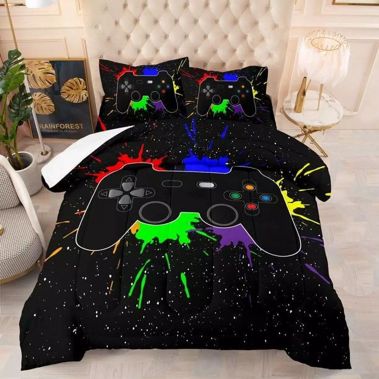 Gaming Comforter Set Twin Size for Boys Kids Game Room Decor Video Game Gamer Comforter Teens Bedroom Gamepad Bedding Set All Season