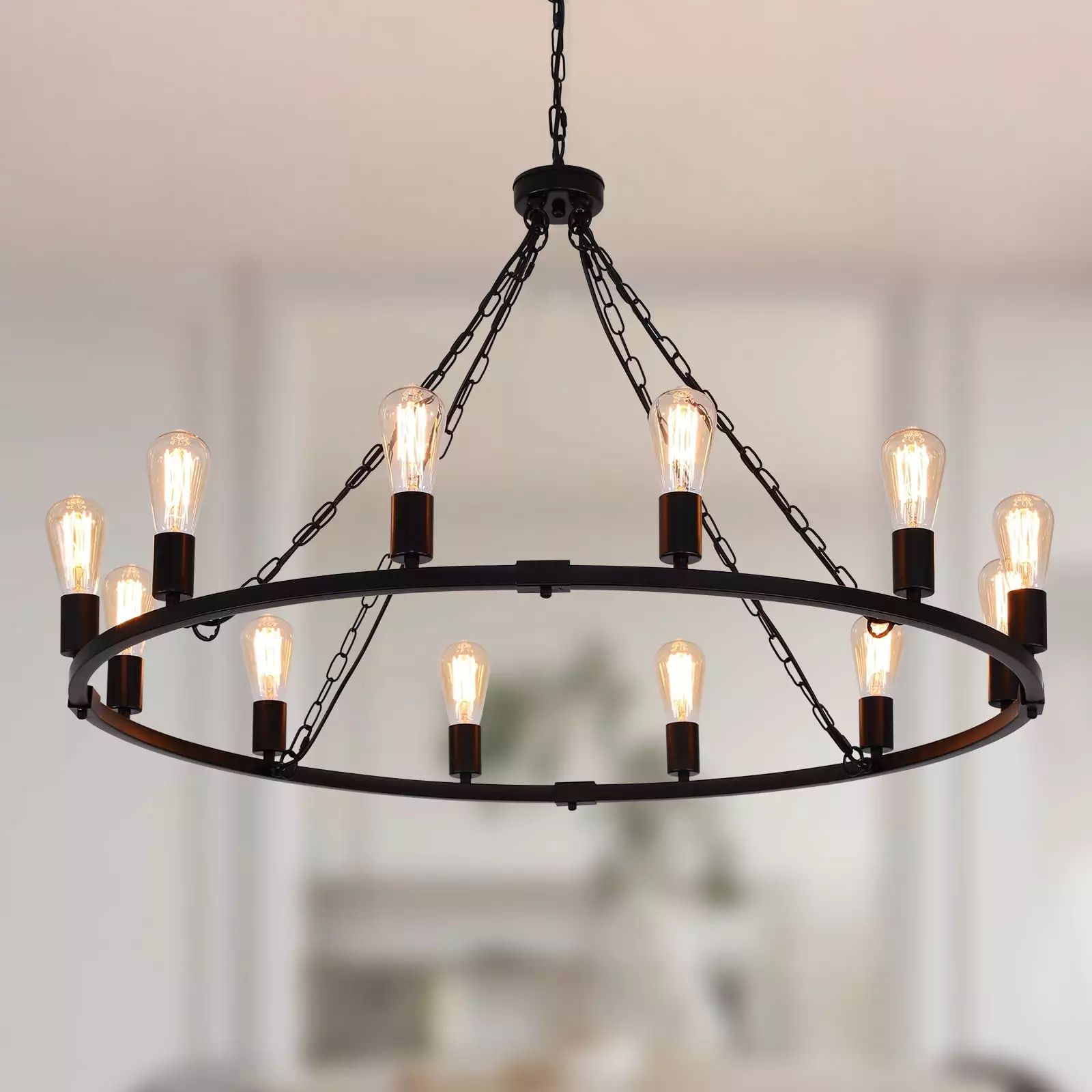 Ganeed Farmhouse Chandelier Metal. 39 Inch 12-lights Rustic Wagon Wheel Chandelier Light Fixture. Black Farmhouse Pendant Lighting For Dining Room Living Room Kitchen Island