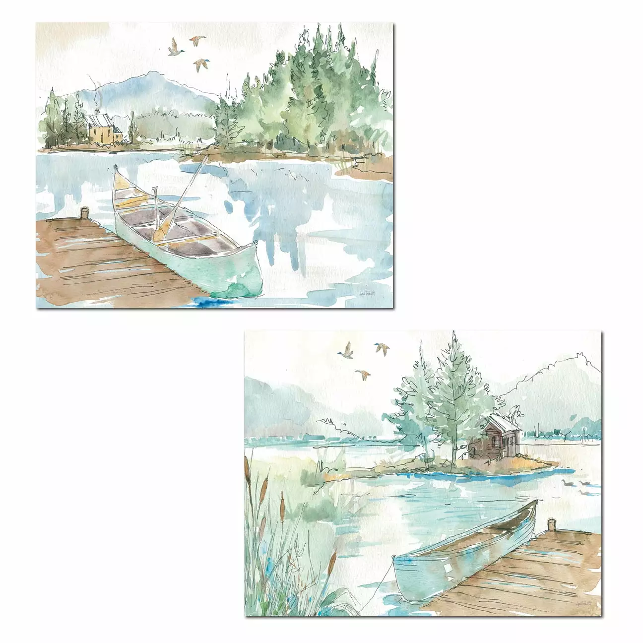 Gango Home Decor Blue and Brown Watercolor Lake. Cabin and Canoe Adult Lodge Decor; 2-14x11 Landscape Unframed Prints