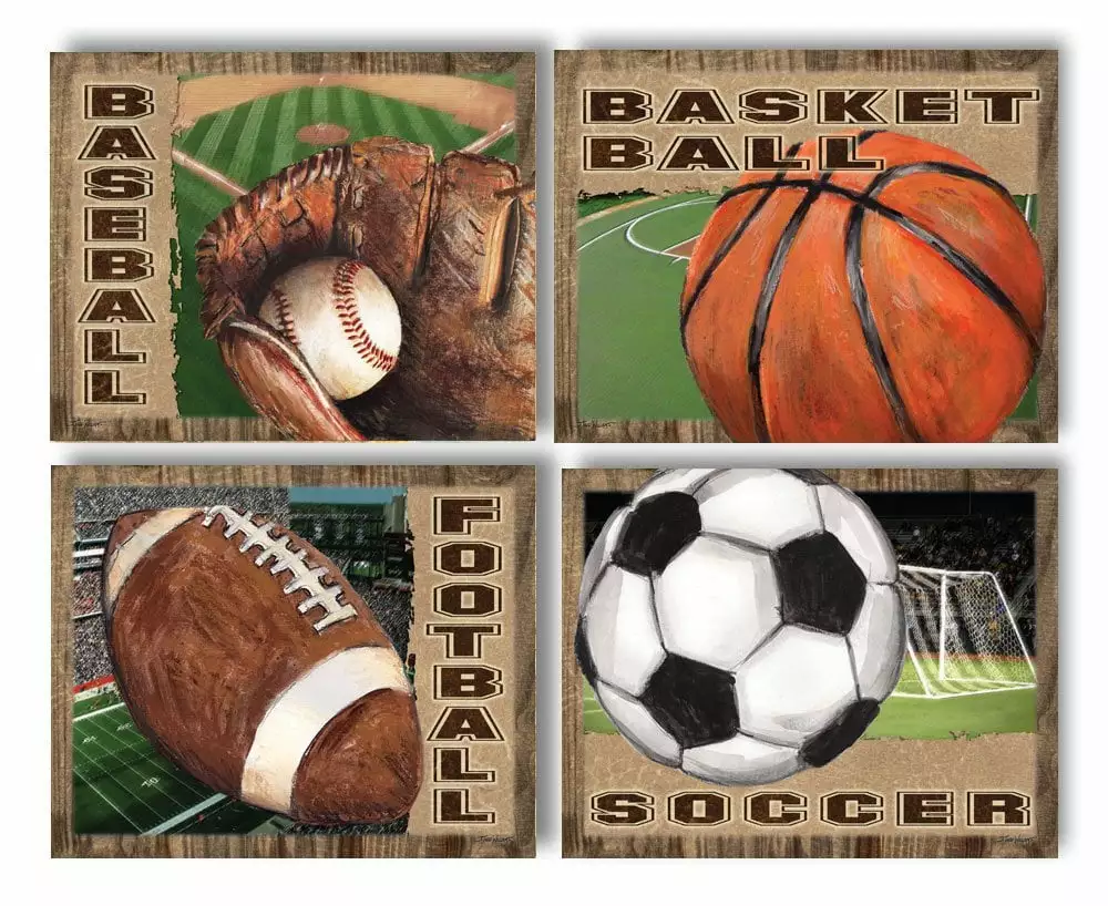 Gango Home Decor Classic Brown Basketball Baseball Football and Soccer Teen Set; 4-10x8 Unframed Prints